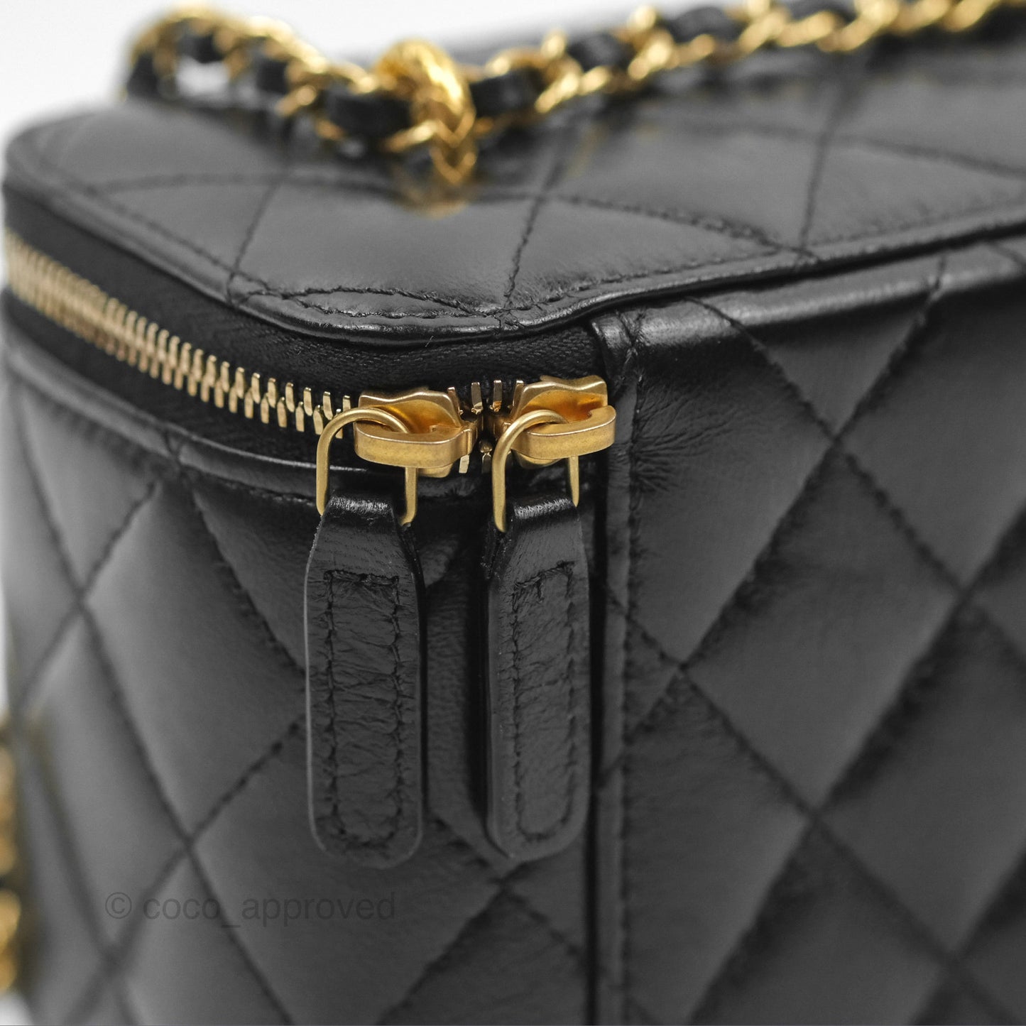 Chanel Vanity with Double Chain Black Shiny Crumpled Calfskin Gold Hardware 23S