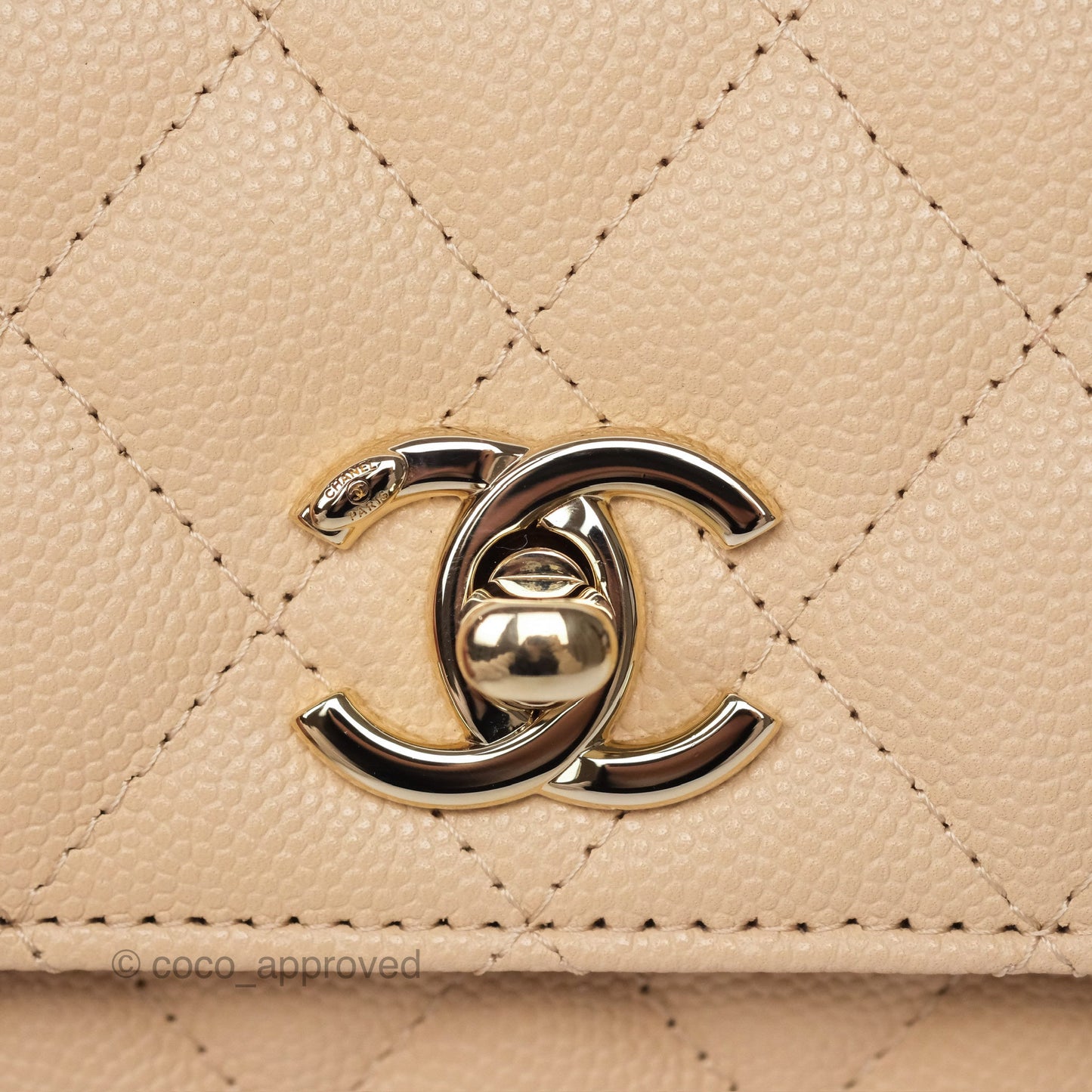Chanel Coco Handle Clutch with Chain Quilted Beige Caviar Gold Hardware
