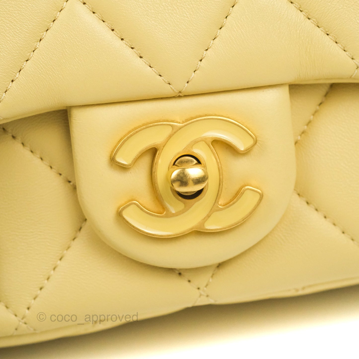 Chanel Enamel Quilted Pending CC Mini Square Flap Yellow Lambskin Aged Gold Hardware 22P