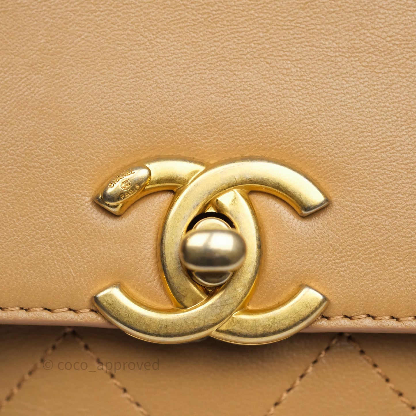 Chanel Small Coco Luxe Flap Bag Caramel Beige Calfskin Aged Gold Hardware