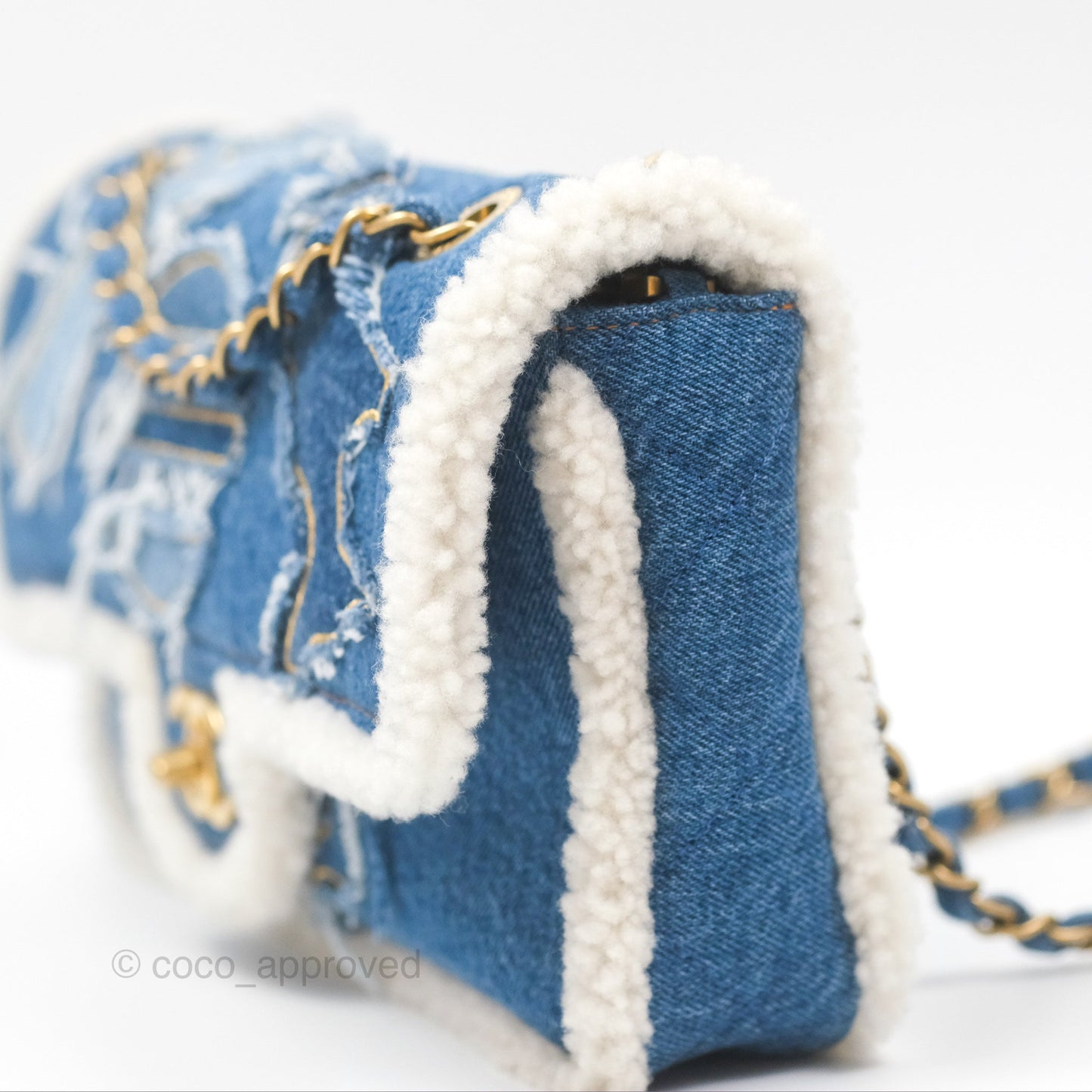 Chanel Medium Denim Shearling Hieroglyph Flap Bag Aged Gold Hardware
