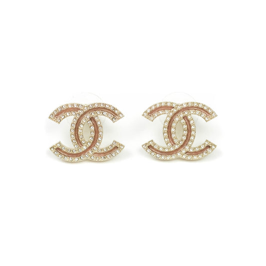 Chanel CC Rhinestone Earrings Matte Gold Tone 21S