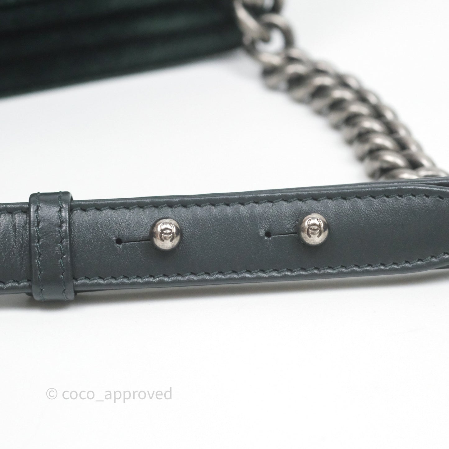 Chanel Small Boy Quilted Dark Green Velvet Ruthenium Hardware