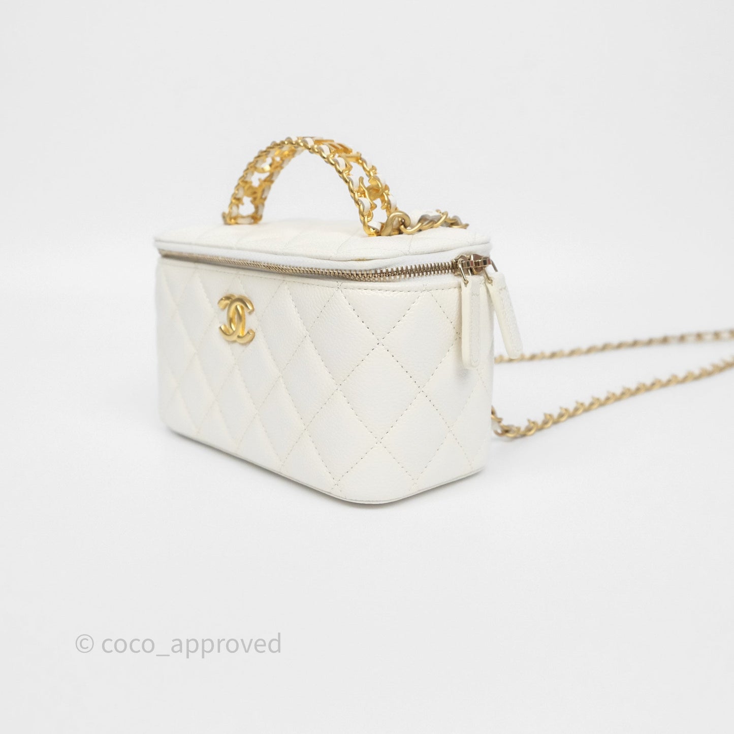 Chanel Logo Top Handle Vanity Rectangular White Caviar Aged Gold Hardware
