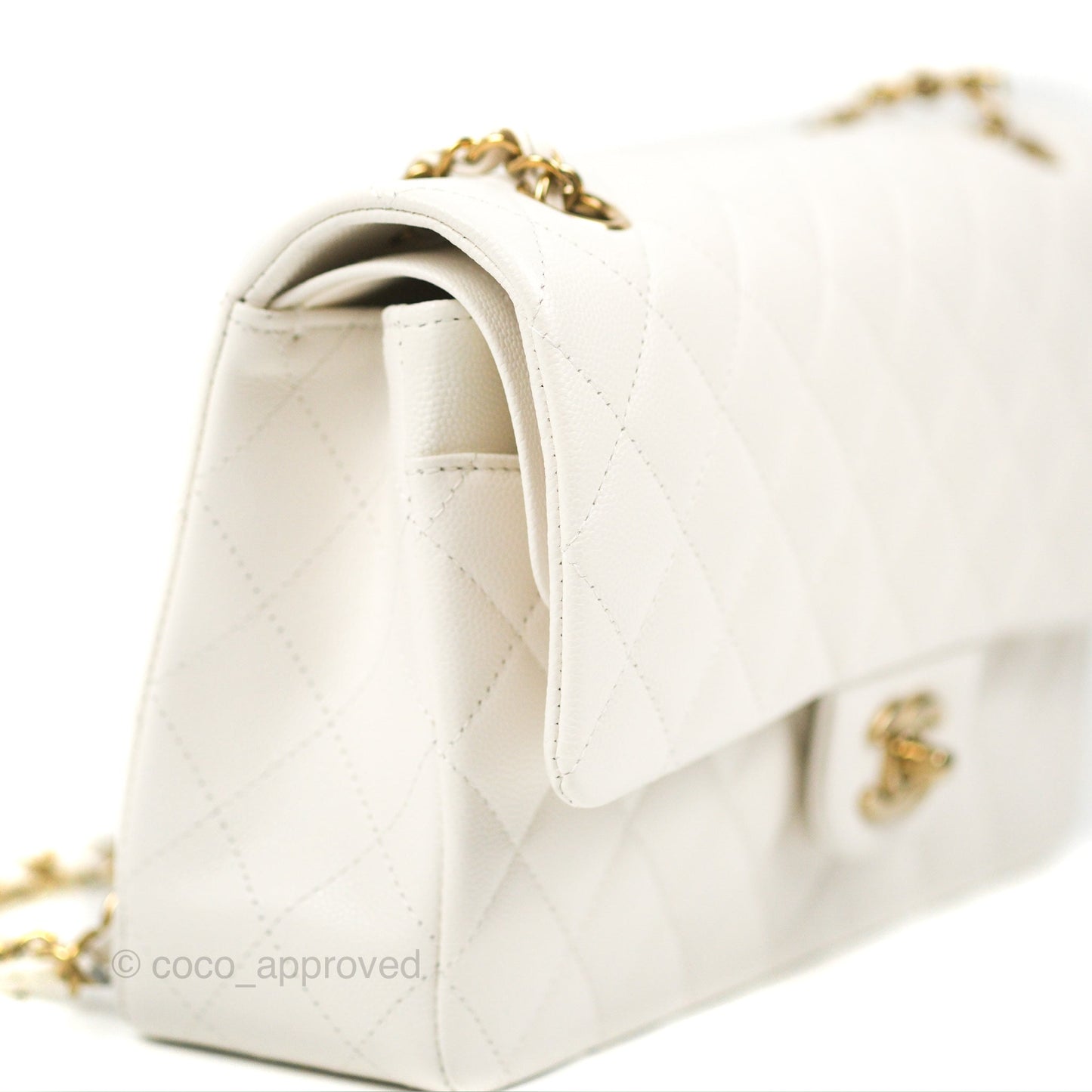 Chanel Classic M/L Medium Flap Quilted White Caviar Gold Hardware