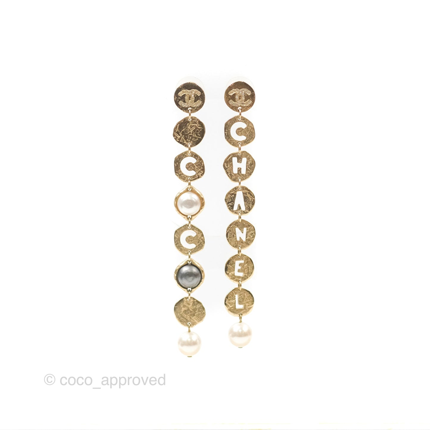 Chanel CC Coco Pearl Round Chain Long Earrings Gold Tone 19A