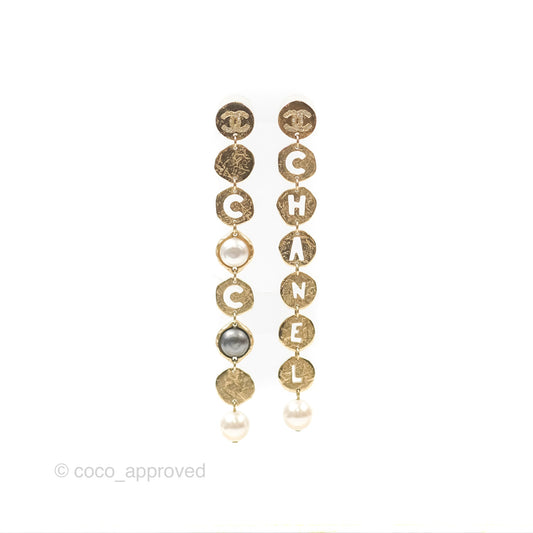 Chanel CC Coco Pearl Round Chain Long Earrings Gold Tone 19A