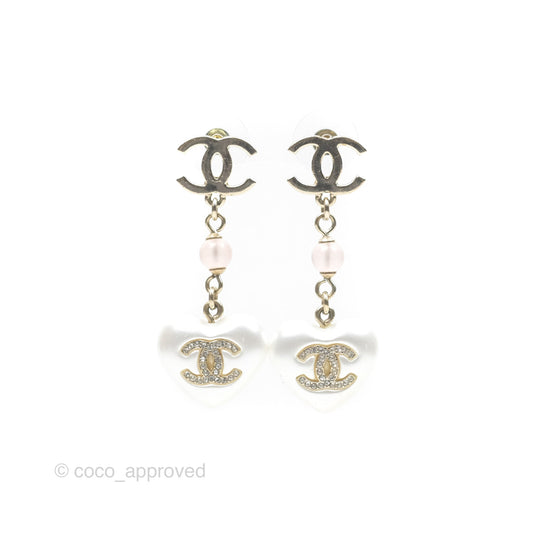 Chanel CC Pink Bead Heart Pearl Crystal CC Drop Earrings Gold Tone 21B