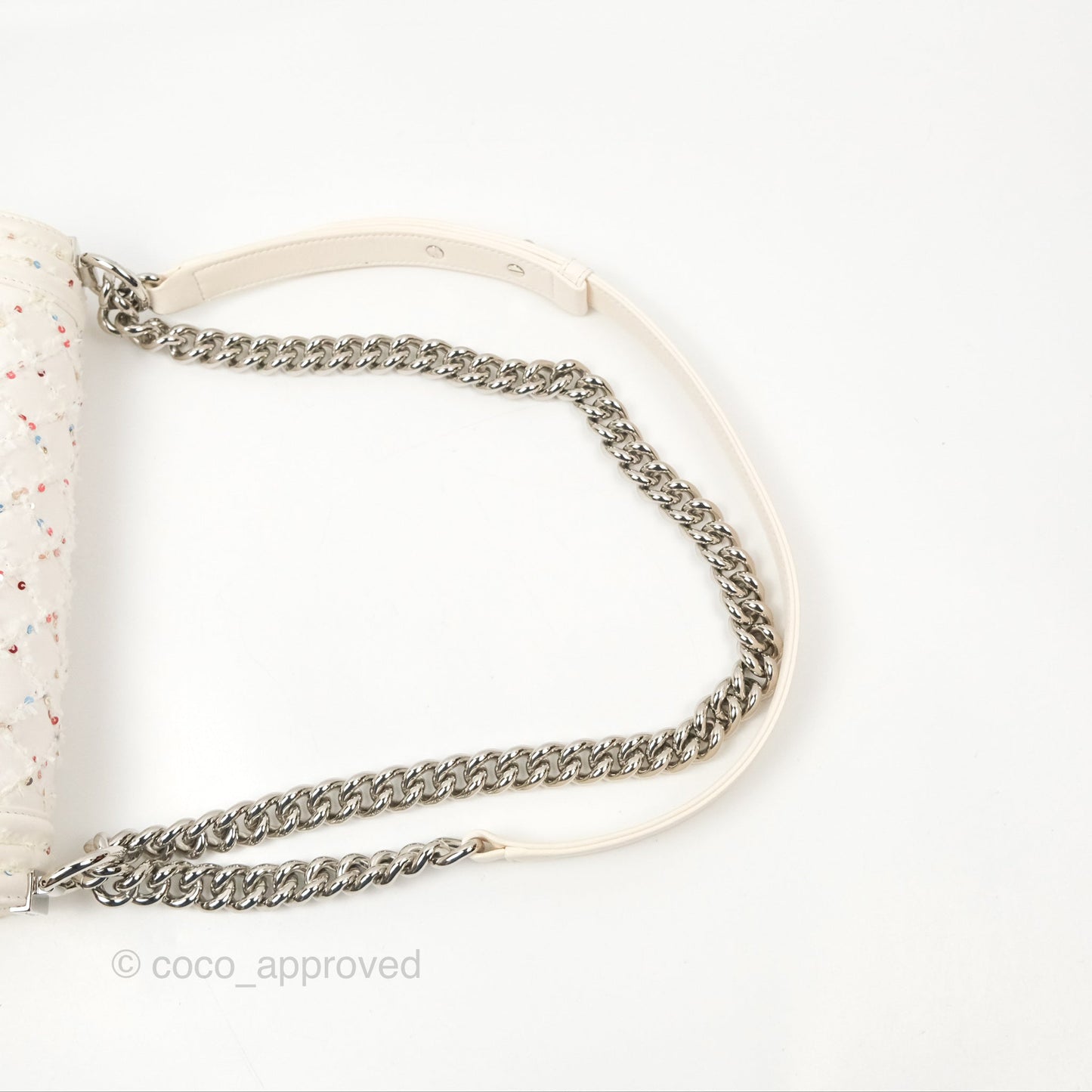 Chanel Medium Boy Sequins Quilted White Lambskin Silver Hardware