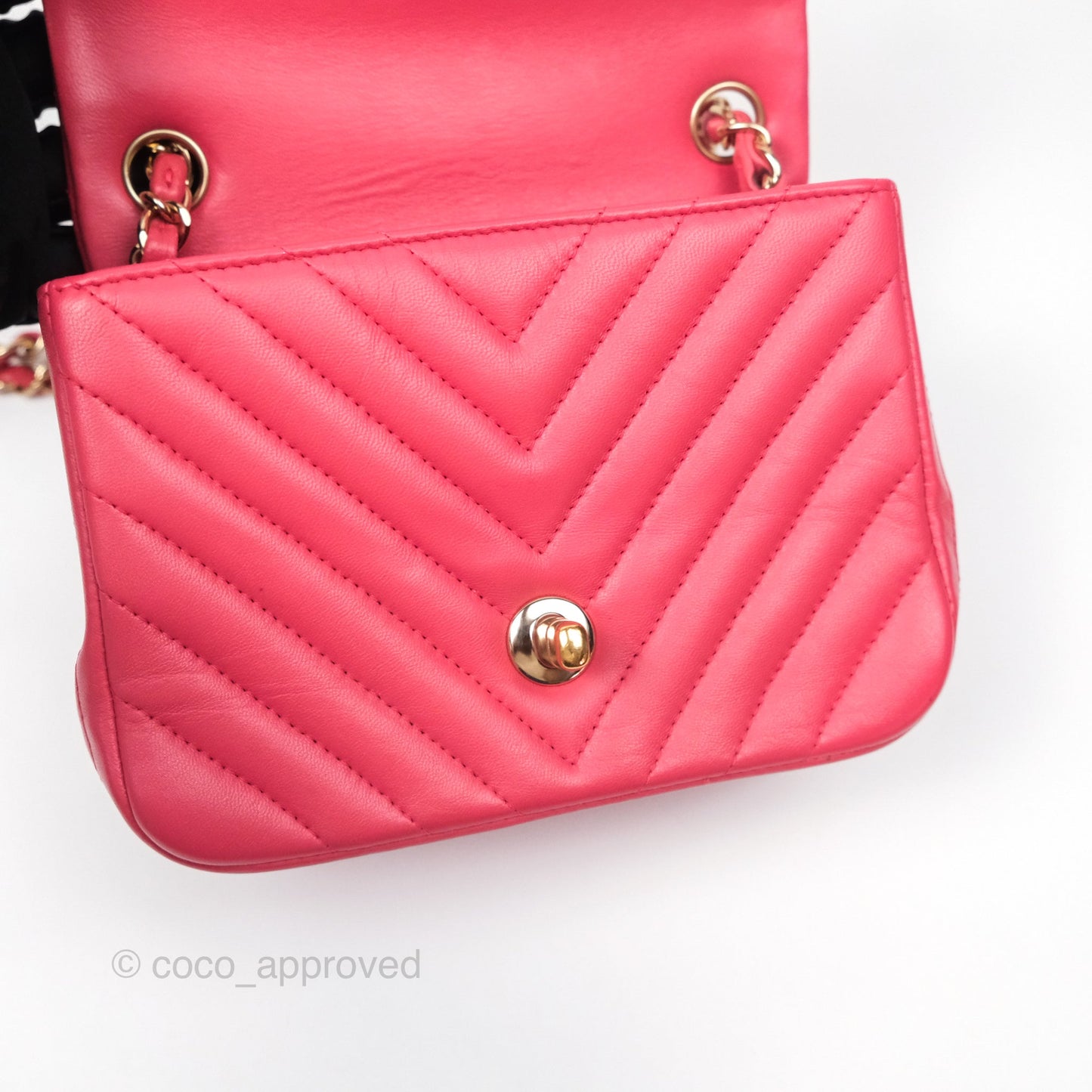 Chanel Mini Square Flap Chevron Dark Pink Lambskin Gold Hardware