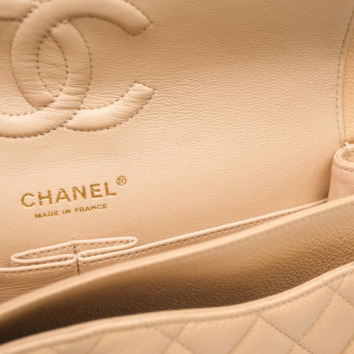 Chanel Classic M/L Medium Flap Quilted Beige Caviar Gold Hardware