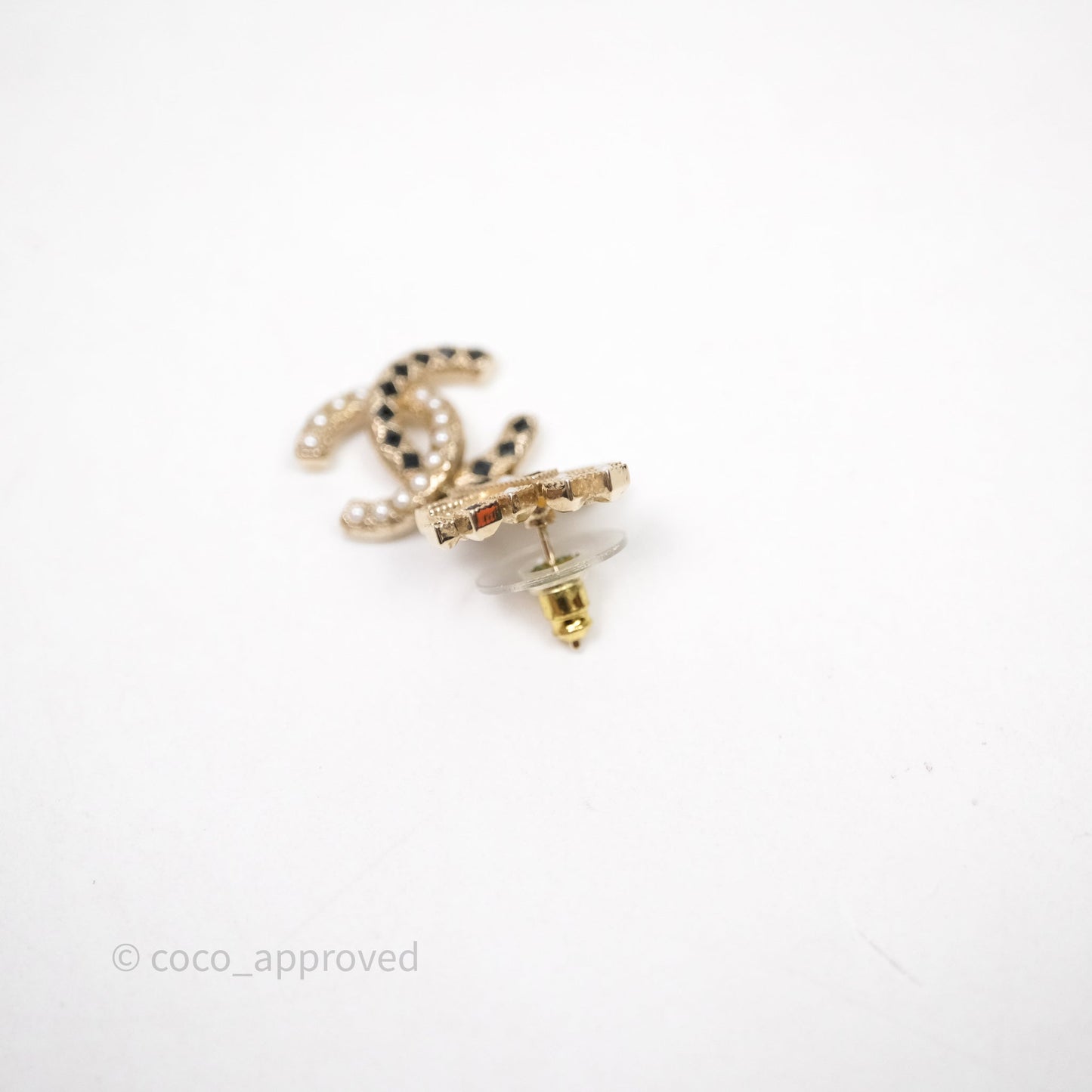 Chanel Black Resin Pearl Crown CC Drop Earrings Gold Tone 21A