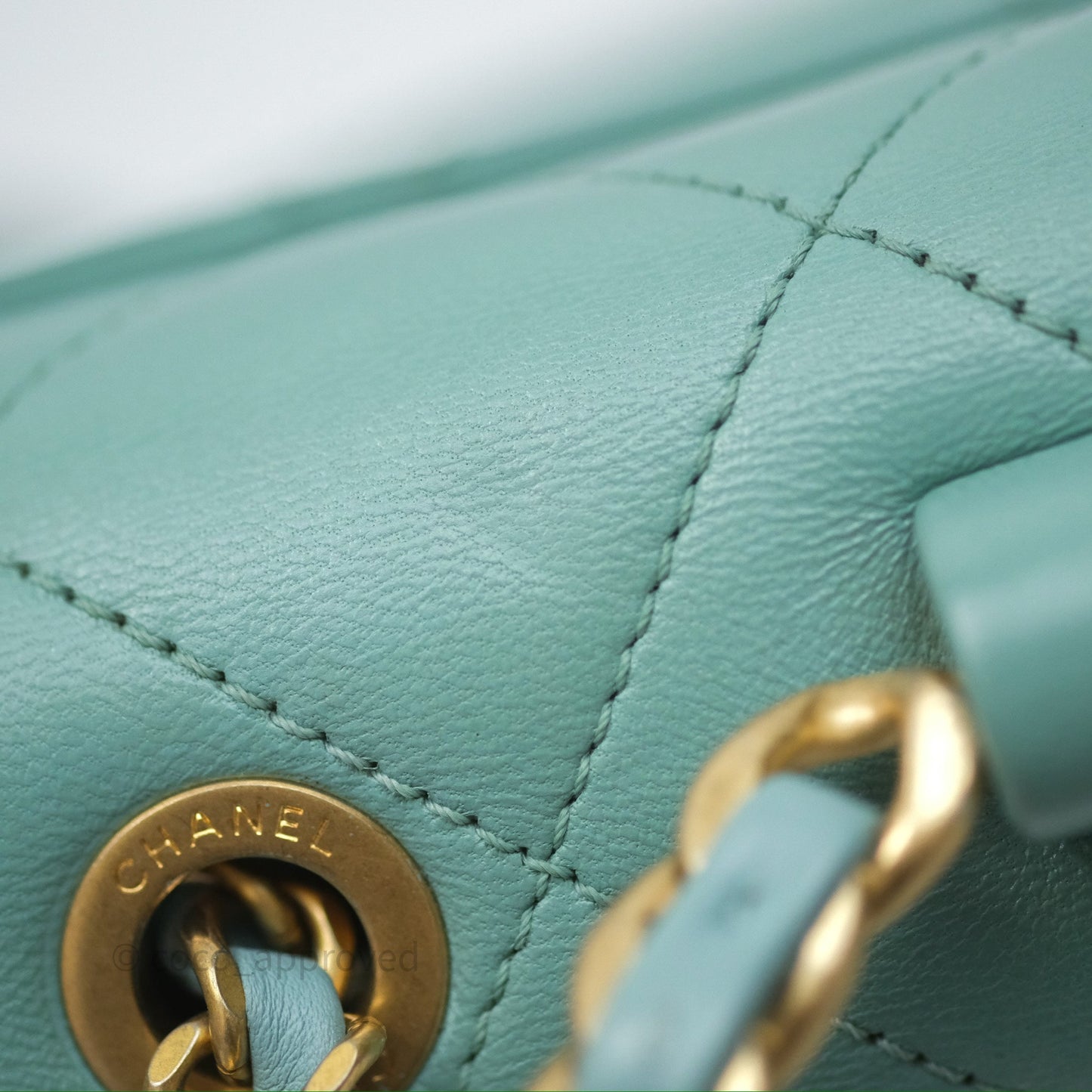 Chanel Quilted Small Circular Handle Bag Mint Green Aged Gold Hardware