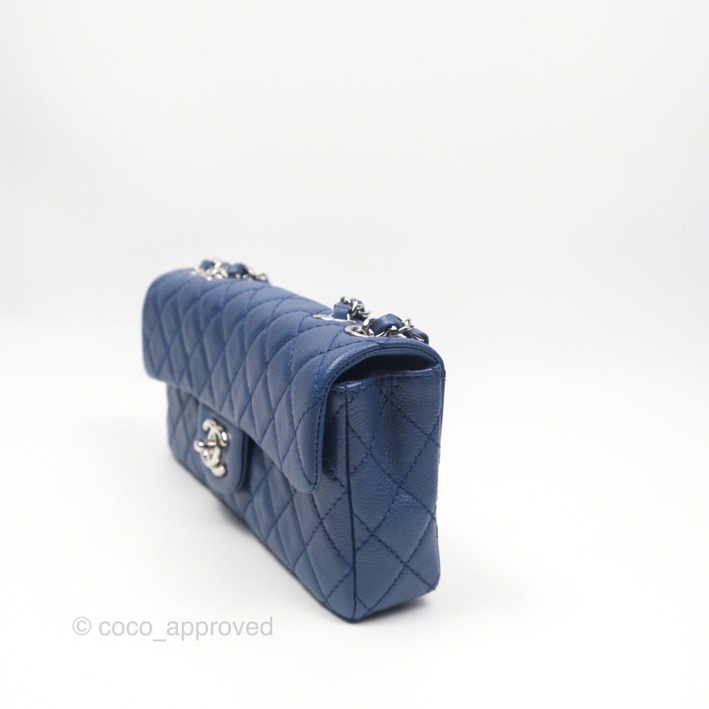 Chanel Quilted East West Flap Bag Blue Caviar Silver Hardware