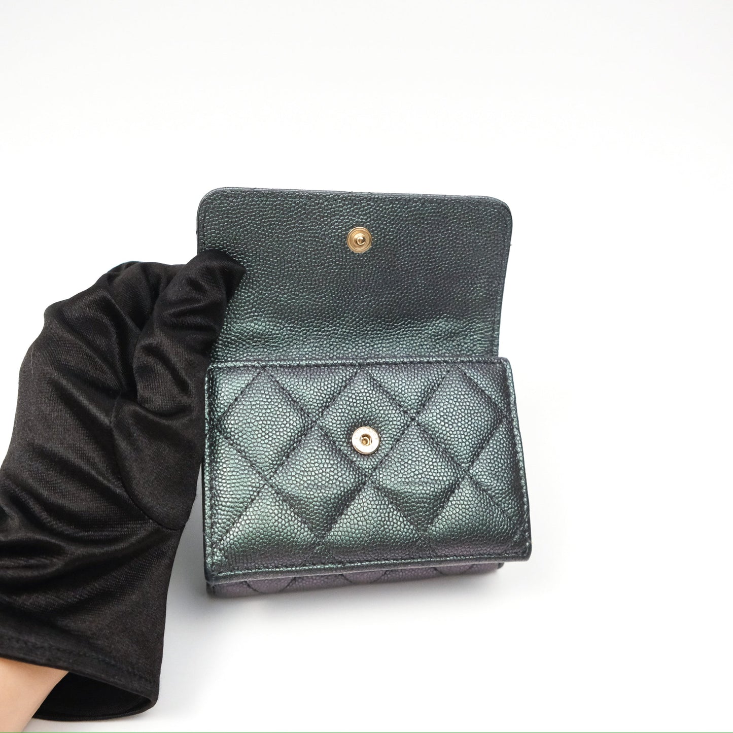 Chanel Quilted White CC Short Wallet Iridescent Green Purple Gold Hardware