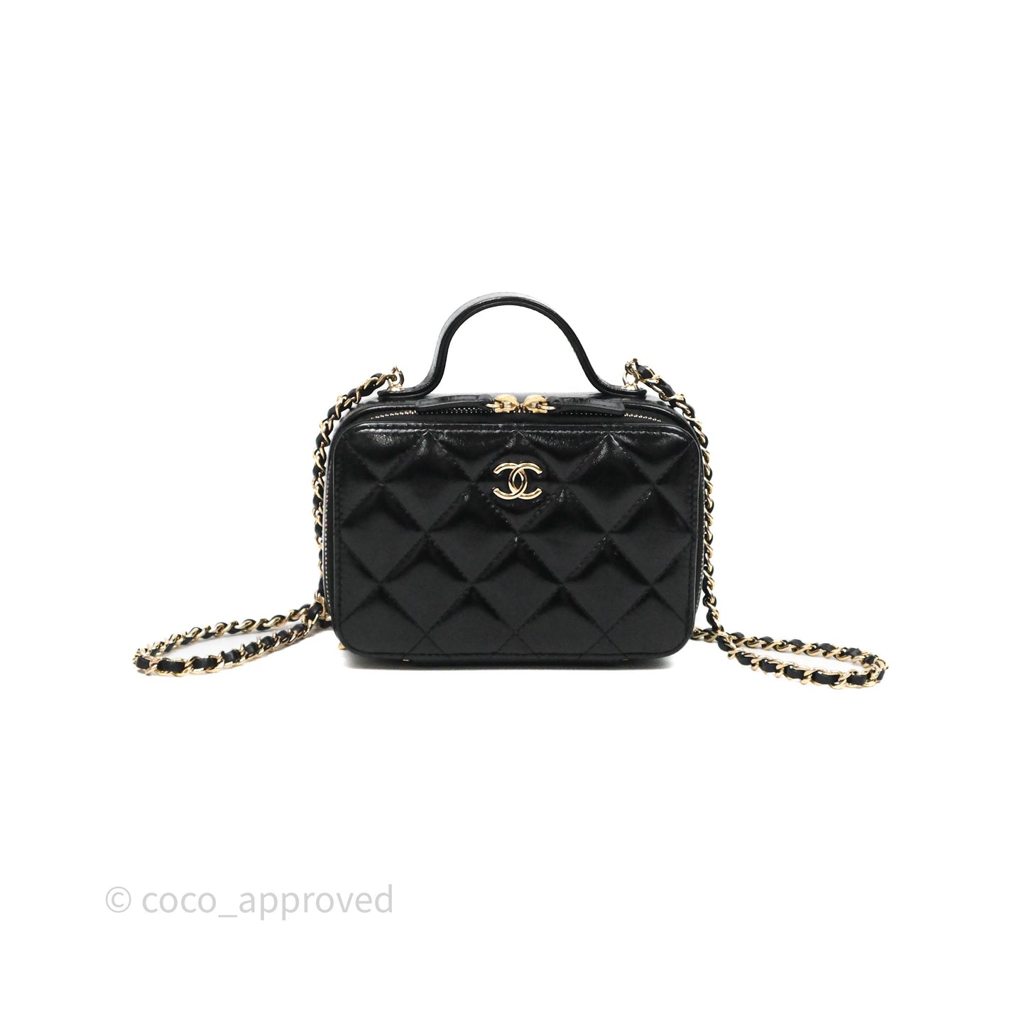 Chanel Small Top Handle Vanity Case Black Shiny Crumpled Calfskin Gold Hardware
