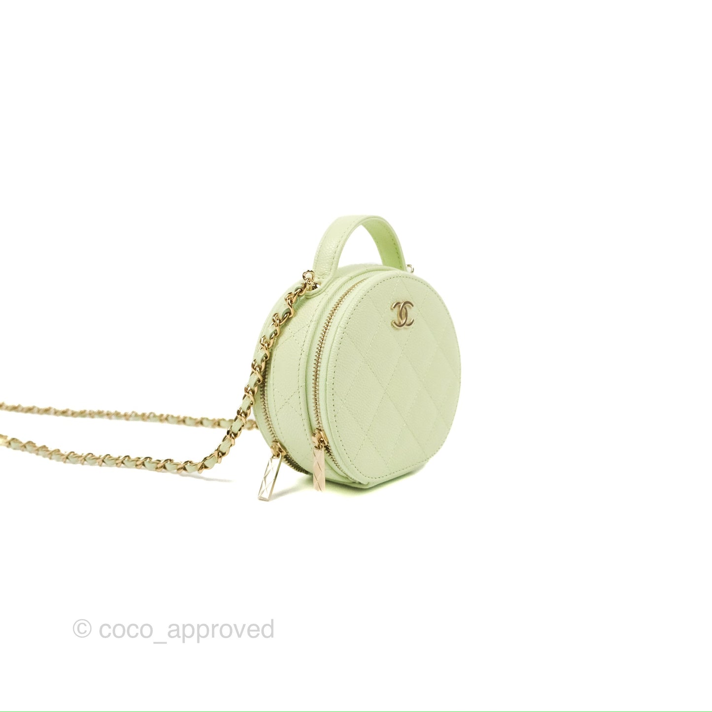 Chanel Mini Round Vanity Bag Handle With Care Light Green Caviar 22C