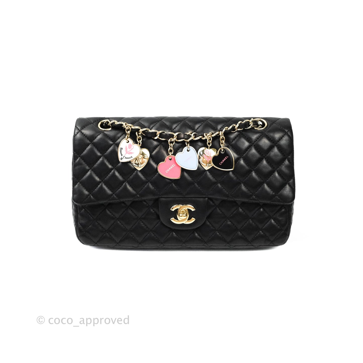 Chanel Classic M/L Medium Quilted Black Flap With Valentines Charms Lambskin Gold Hardware