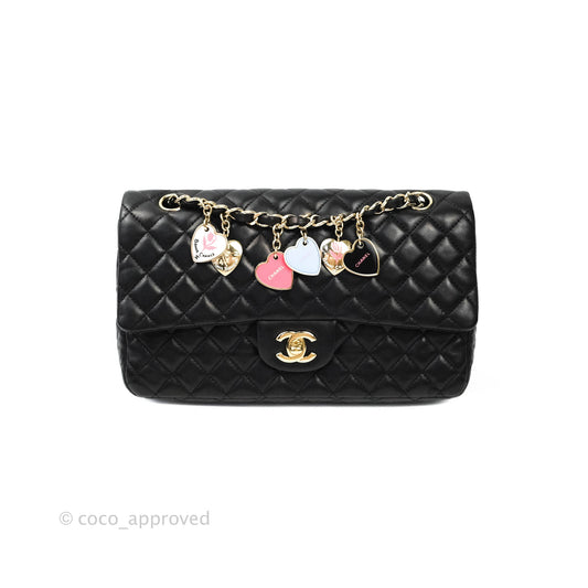 Chanel Classic M/L Medium Quilted Black Flap With Valentines Charms Lambskin Gold Hardware
