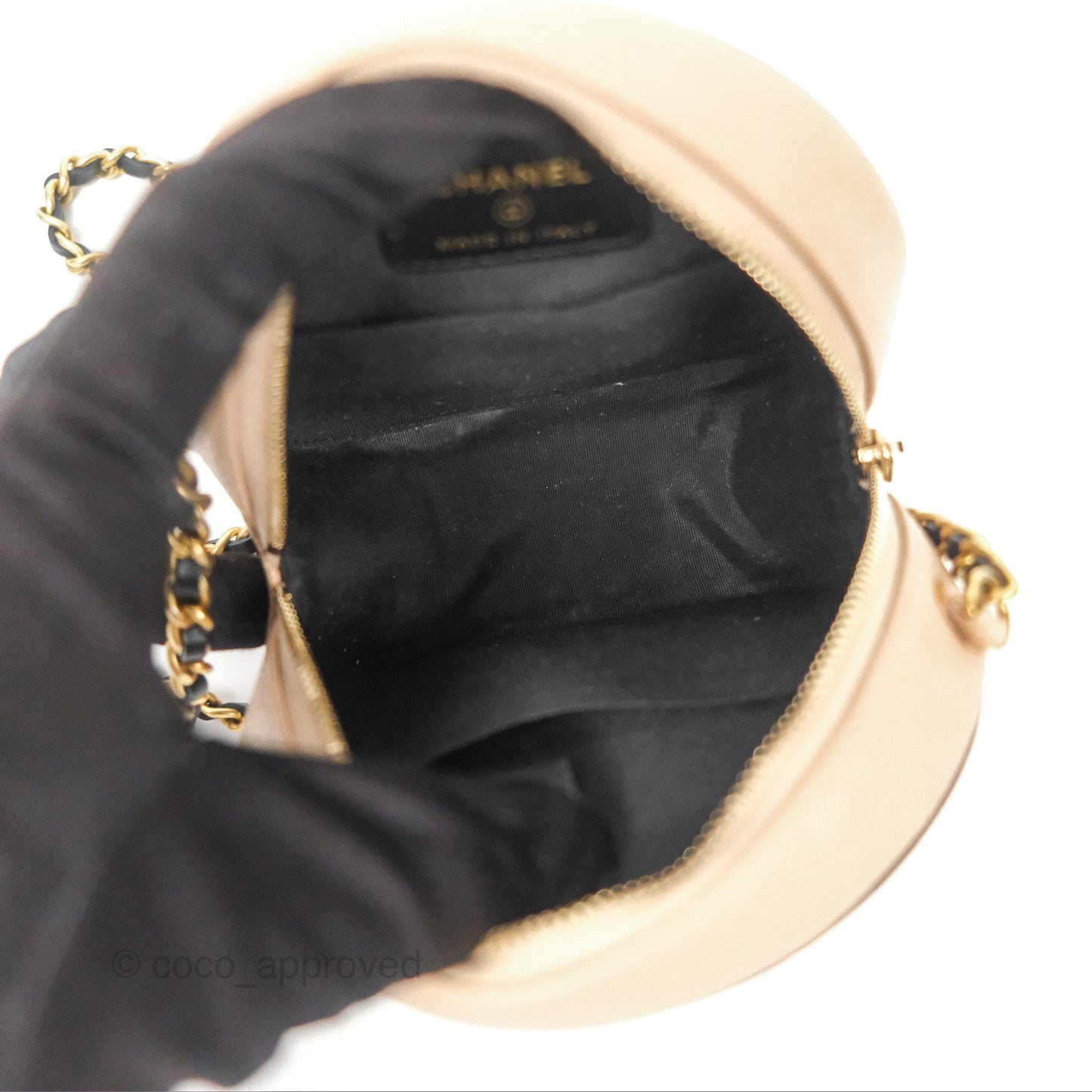 Chanel Quilted Round Filigree Clutch With Chain Beige Black Caviar Gold Hardware