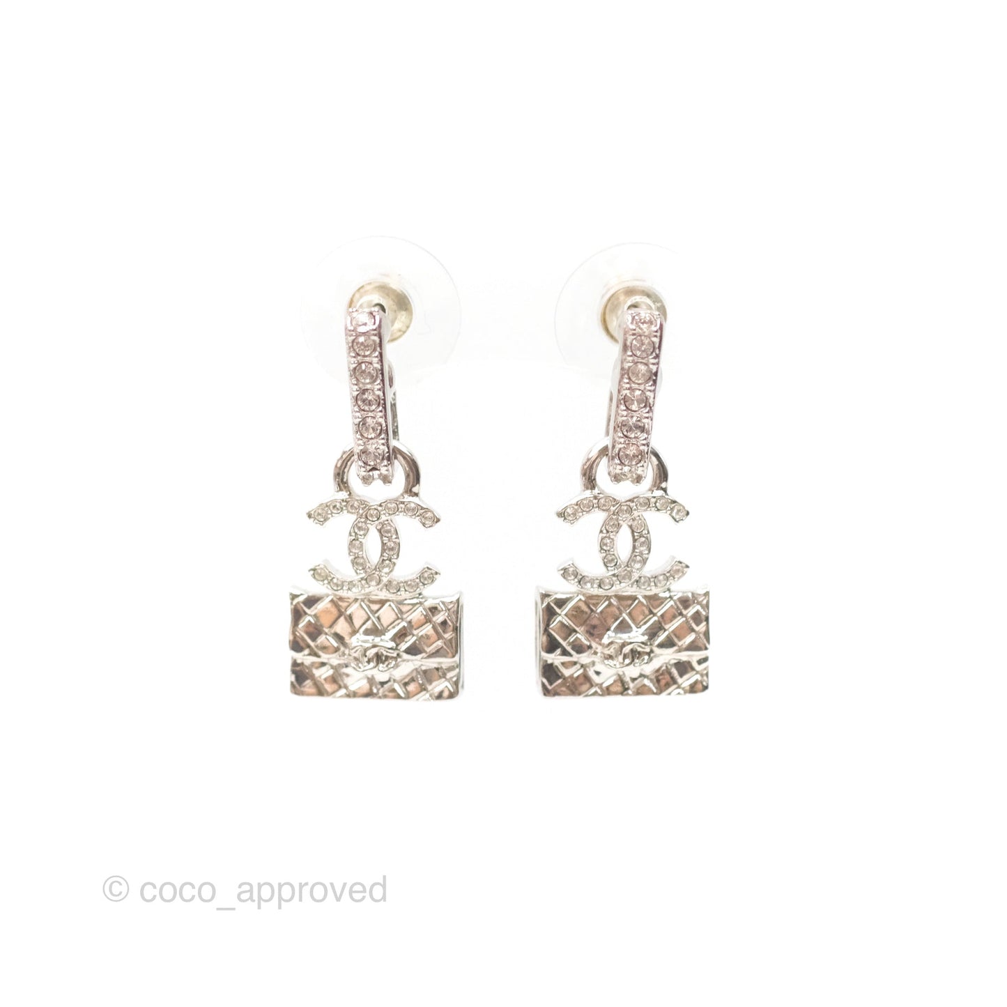 Chanel Crystal CC Flap Bag Drop Earrings Silver Tone 23K