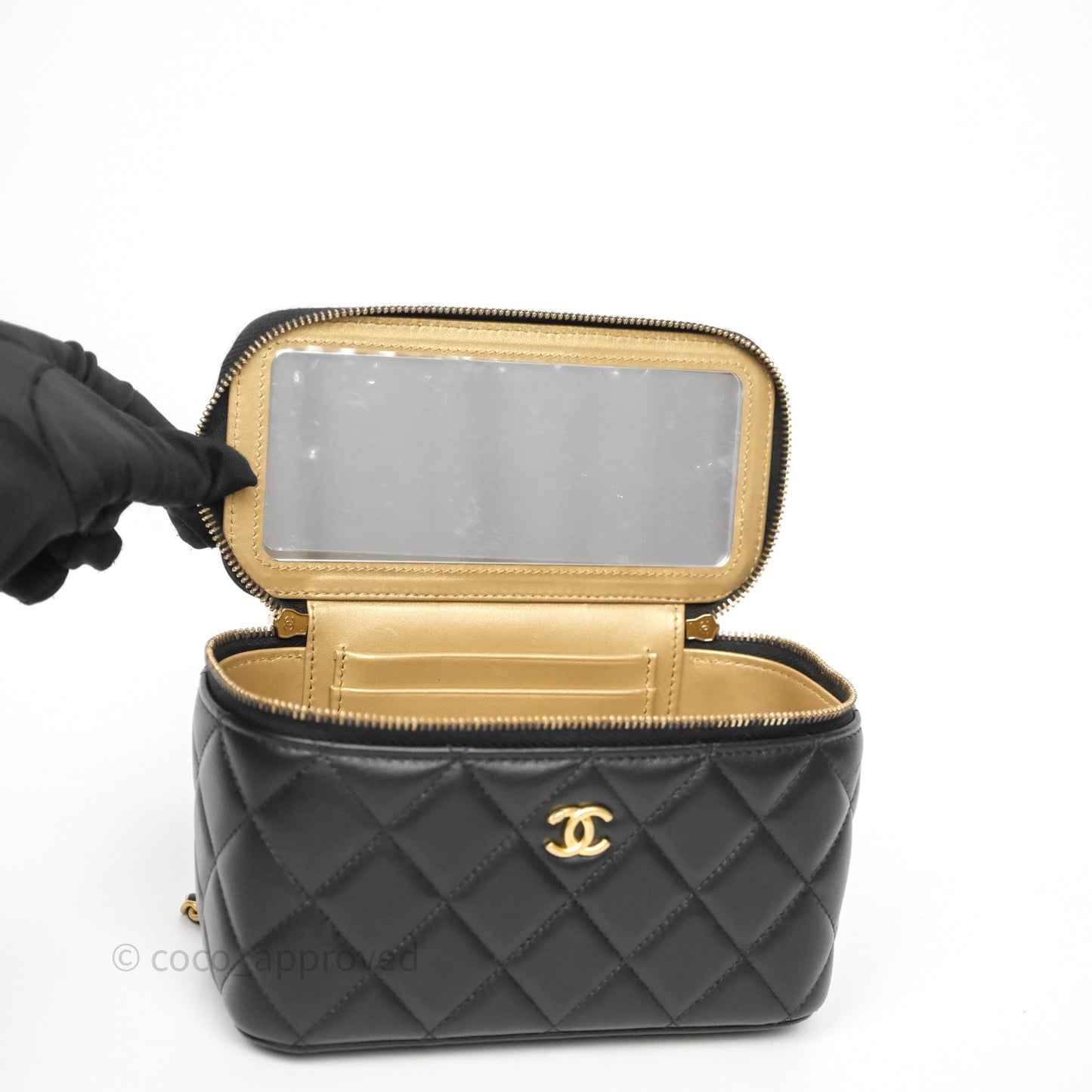 Chanel Vanity With Pearl Crush Chain Black Lambskin Aged Gold Hardware