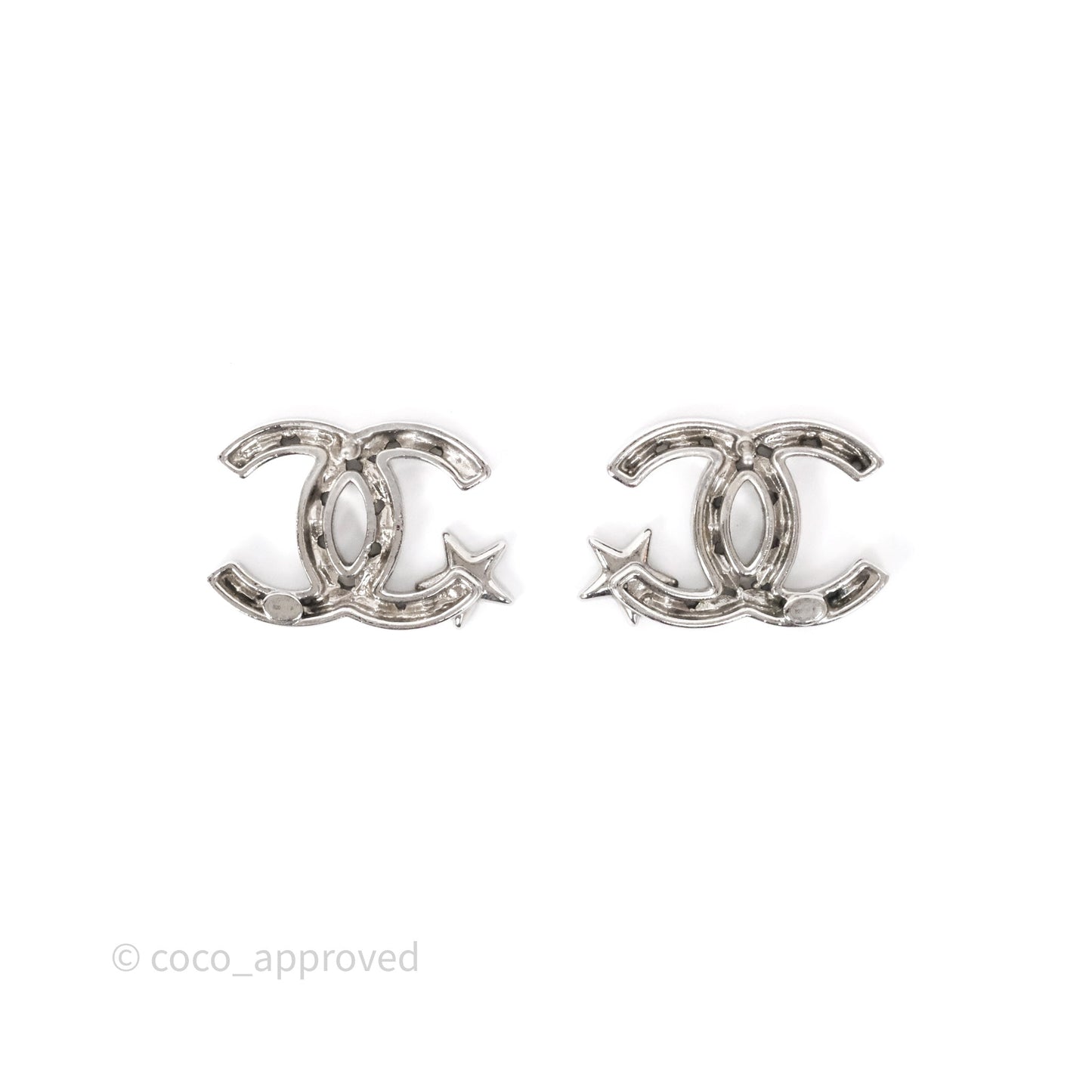 Chanel Crystal CC Star Earrings Silver Tone 20P