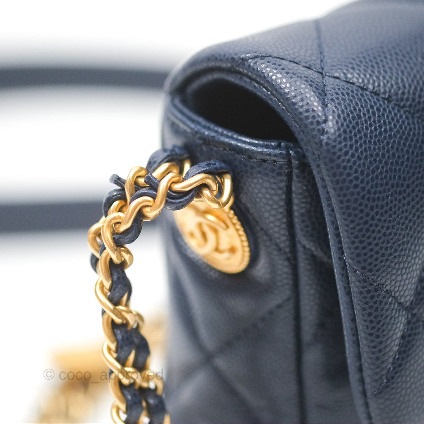 Chanel Mini Flap with Coin Charm Navy Caviar Aged Gold Hardware 22A