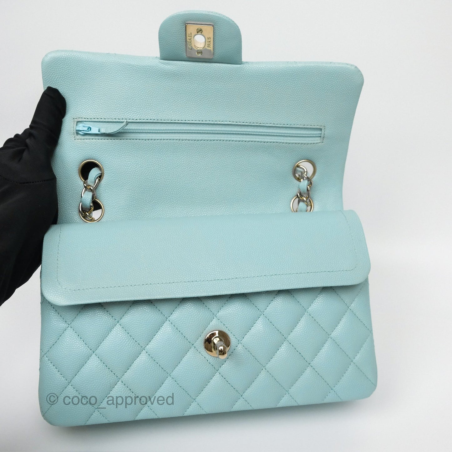 Chanel Small S/M Classic Flap Quilted Tiffany Blue Caviar Gold Hardware