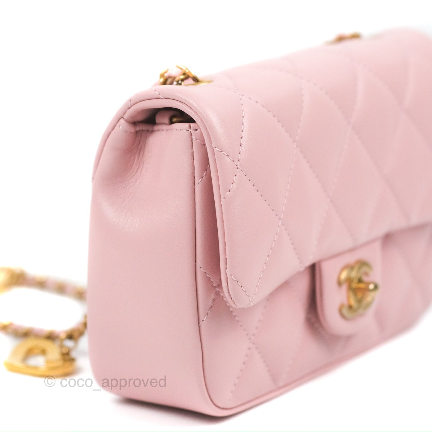 Chanel Mini Flap Bag With Heart CC Charm Pink Lambskin Aged Gold Hardware