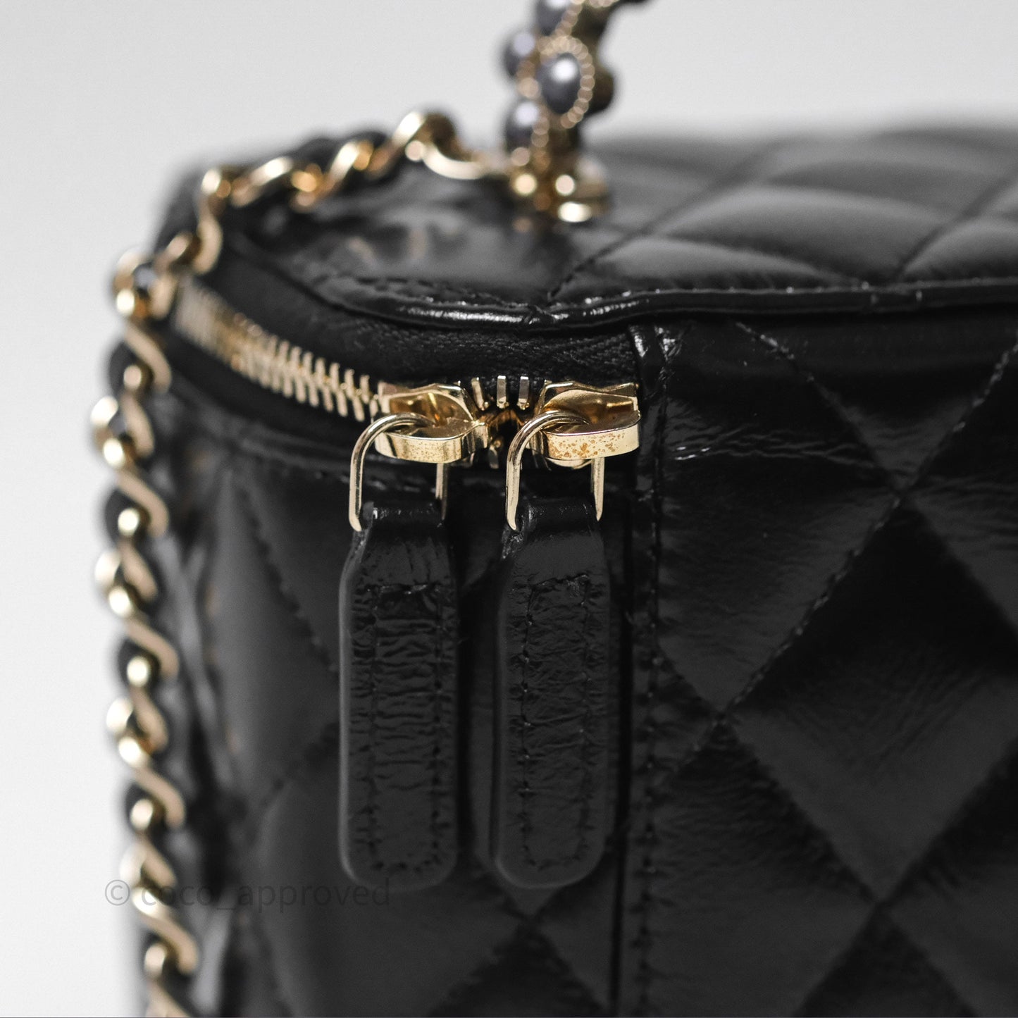 Chanel Vanity Rectangular Top Handle Black Shiny Lambskin Gold Hardware 24P