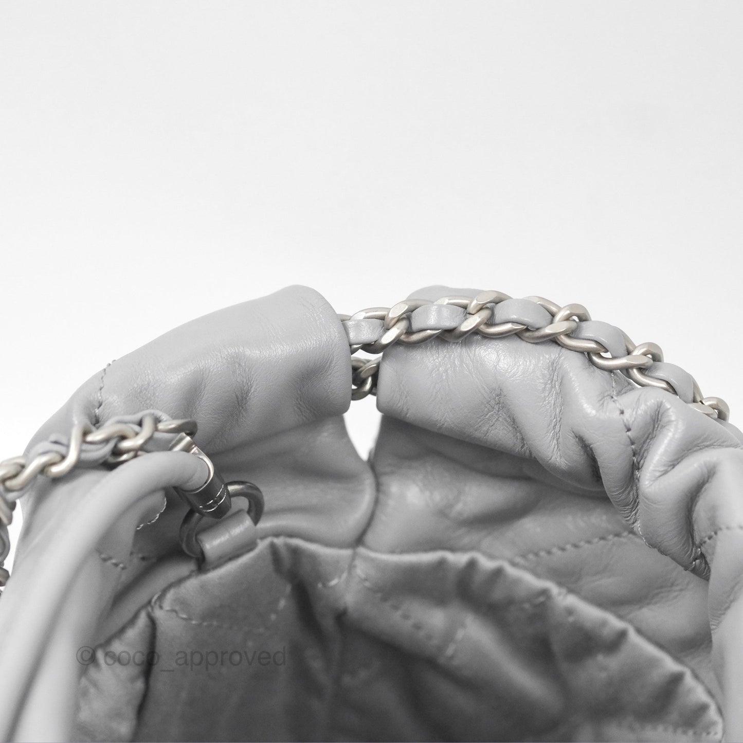 Chanel 22 Mini Bag Light Grey Shiny Crumpled Calfskin Matte Silver Hardware