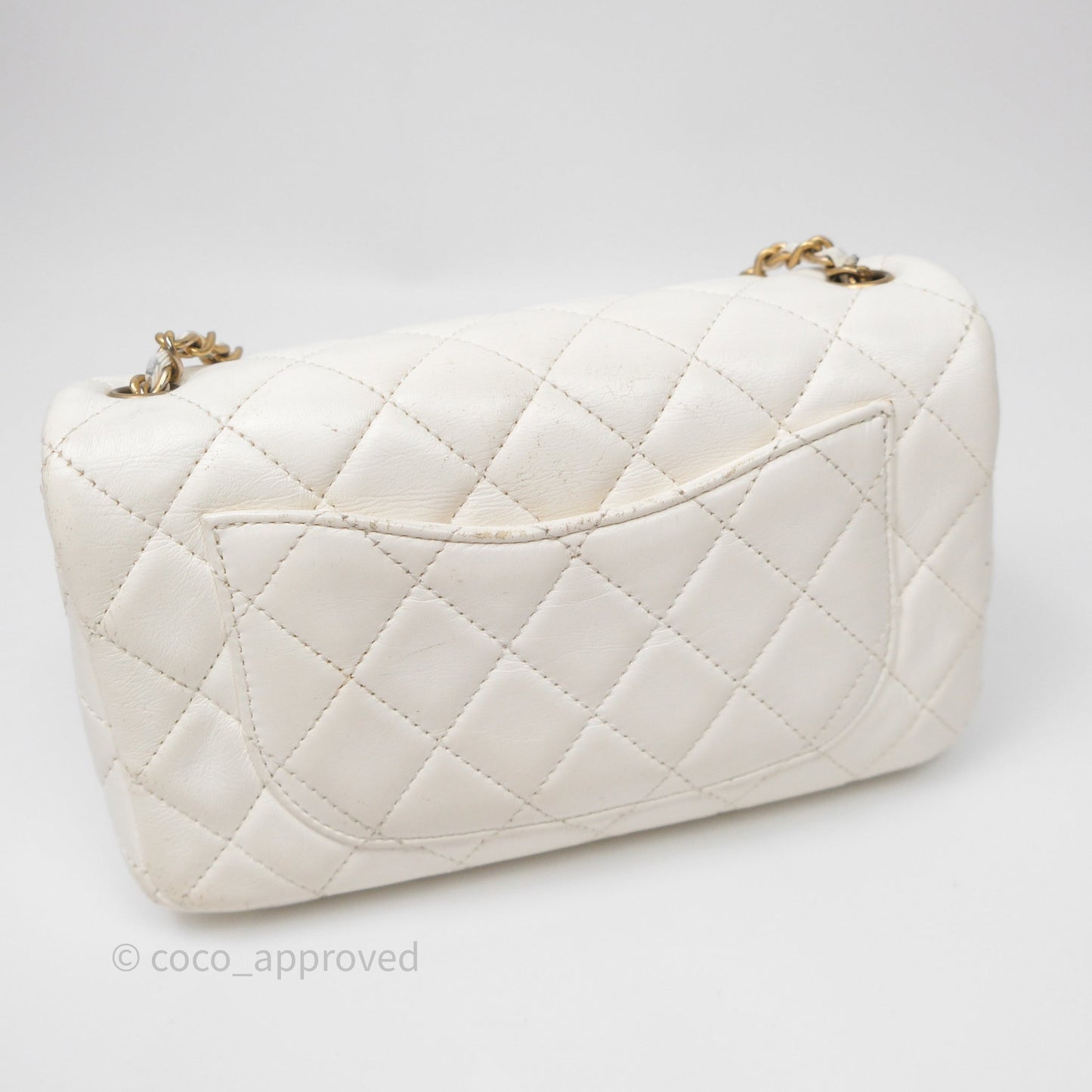 Chanel Mini Rectangular Pearl Crush Quilted White Lambskin Aged Gold Hardware