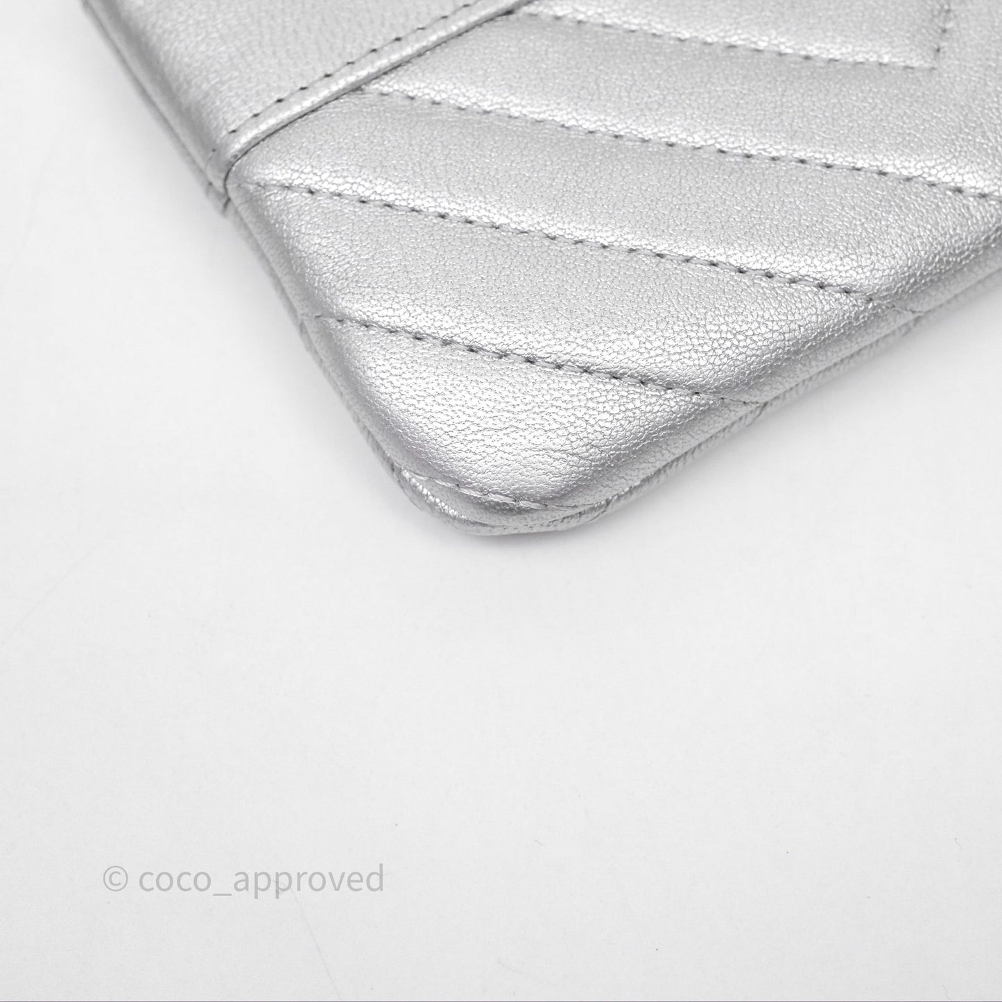 Chanel Mini Chevron Mademoiselle O Case Silver Goatskin Silver Hardware