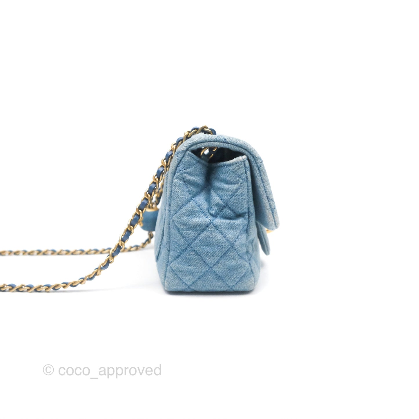 Chanel Mini Square Pearl Crush Quilted Denim Aged Gold Hardware