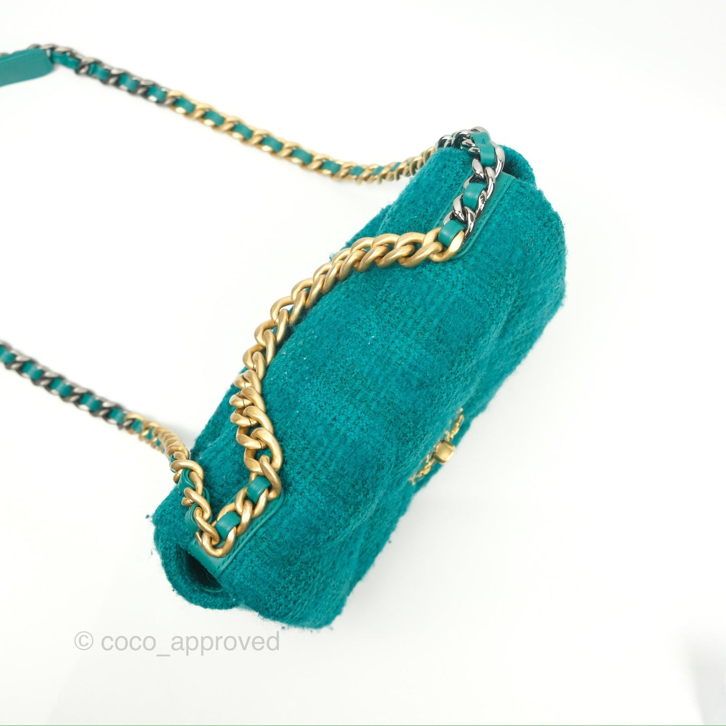 Chanel 19 Small Teal Green Tweed Mixed Hardware