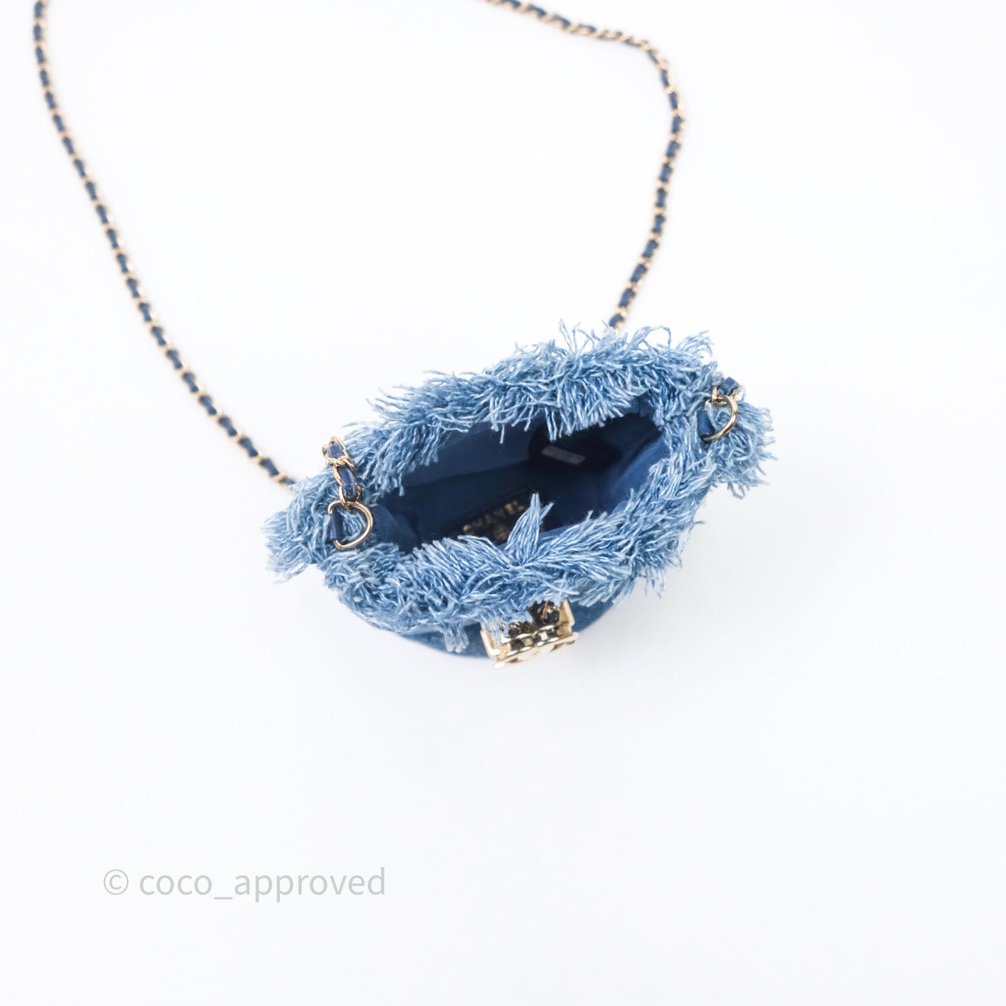 Chanel Mood Denim Mini Bucket Bag with Chain Blue Gold Hardware