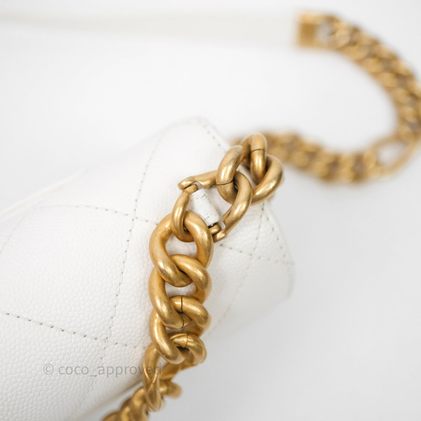 Chanel Bracelet On Chain Small Flap Bag White Caviar Aged Gold Hardware
