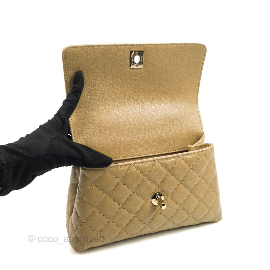 Chanel Small Coco Handle Quilted Dark Beige Caviar Gold Hardware Lizard Handle