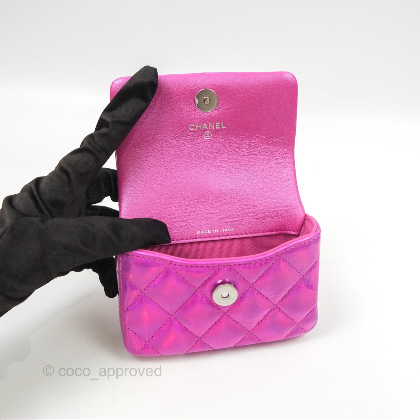 Chanel Card Holder Pouch with Hook Fuchsia Iridescent Mirror Goatskin