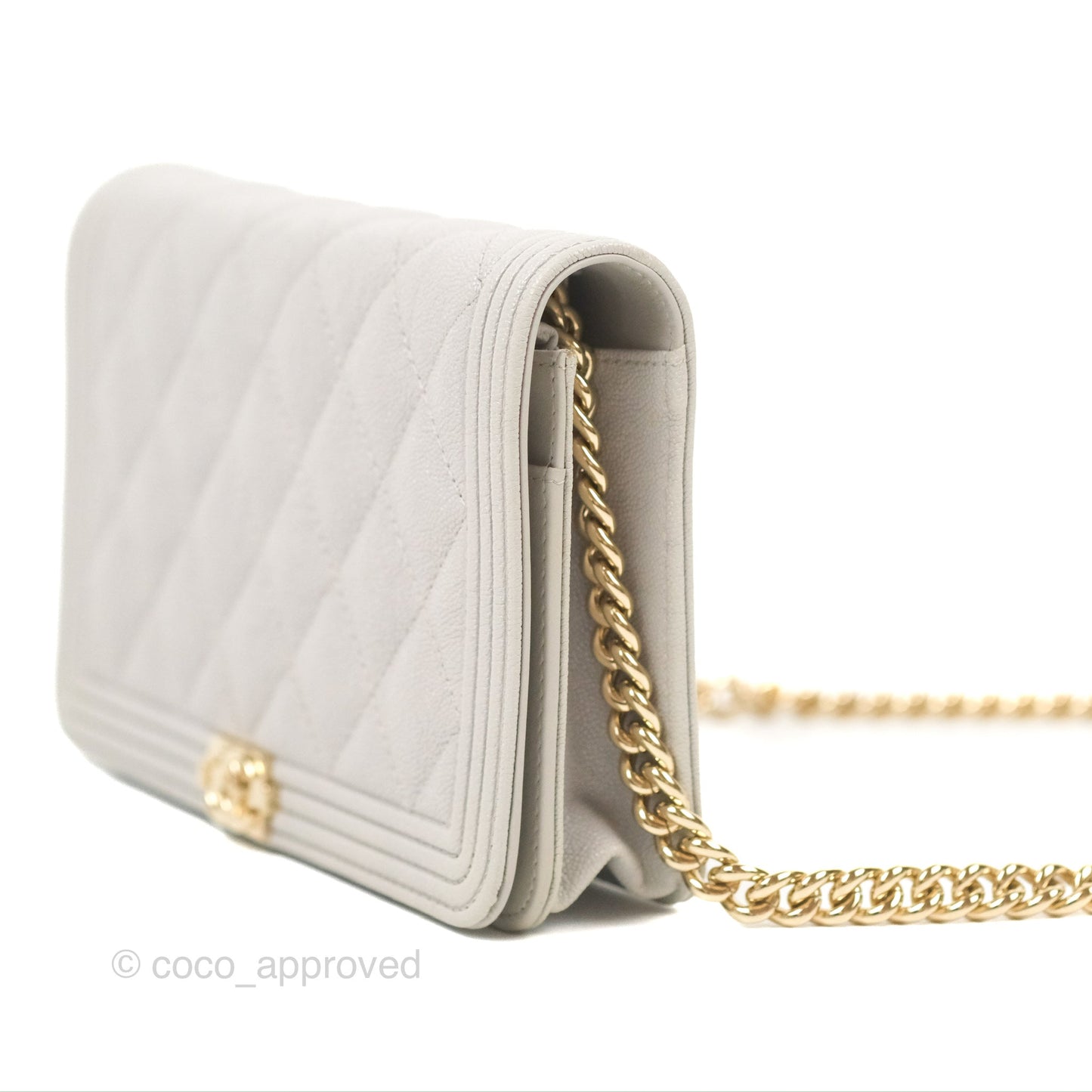 Chanel Quilted Boy Wallet on Chain WOC Light Grey Caviar Gold Hardware