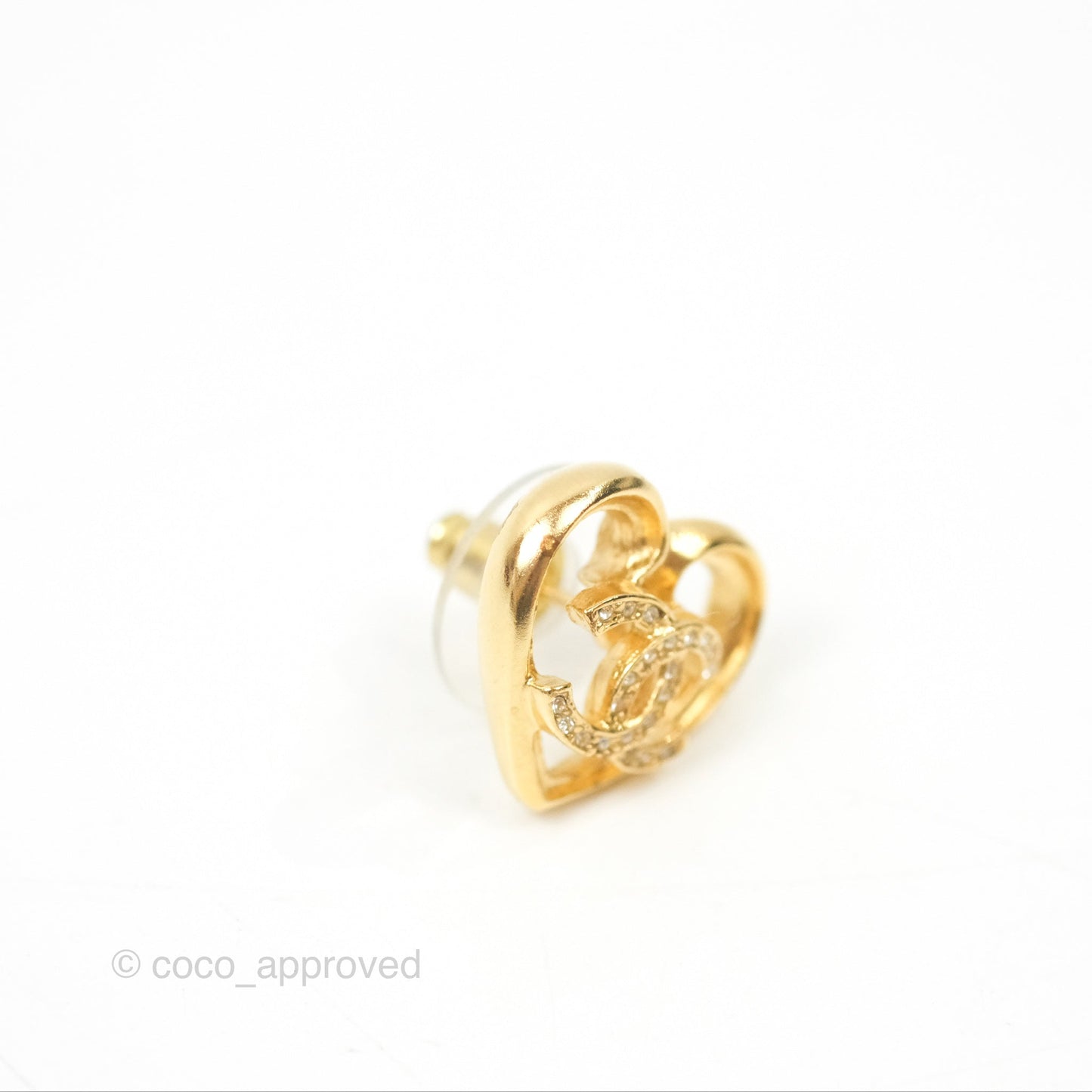 Chanel Crystal CC Heart Earrings Gold Tone 23C