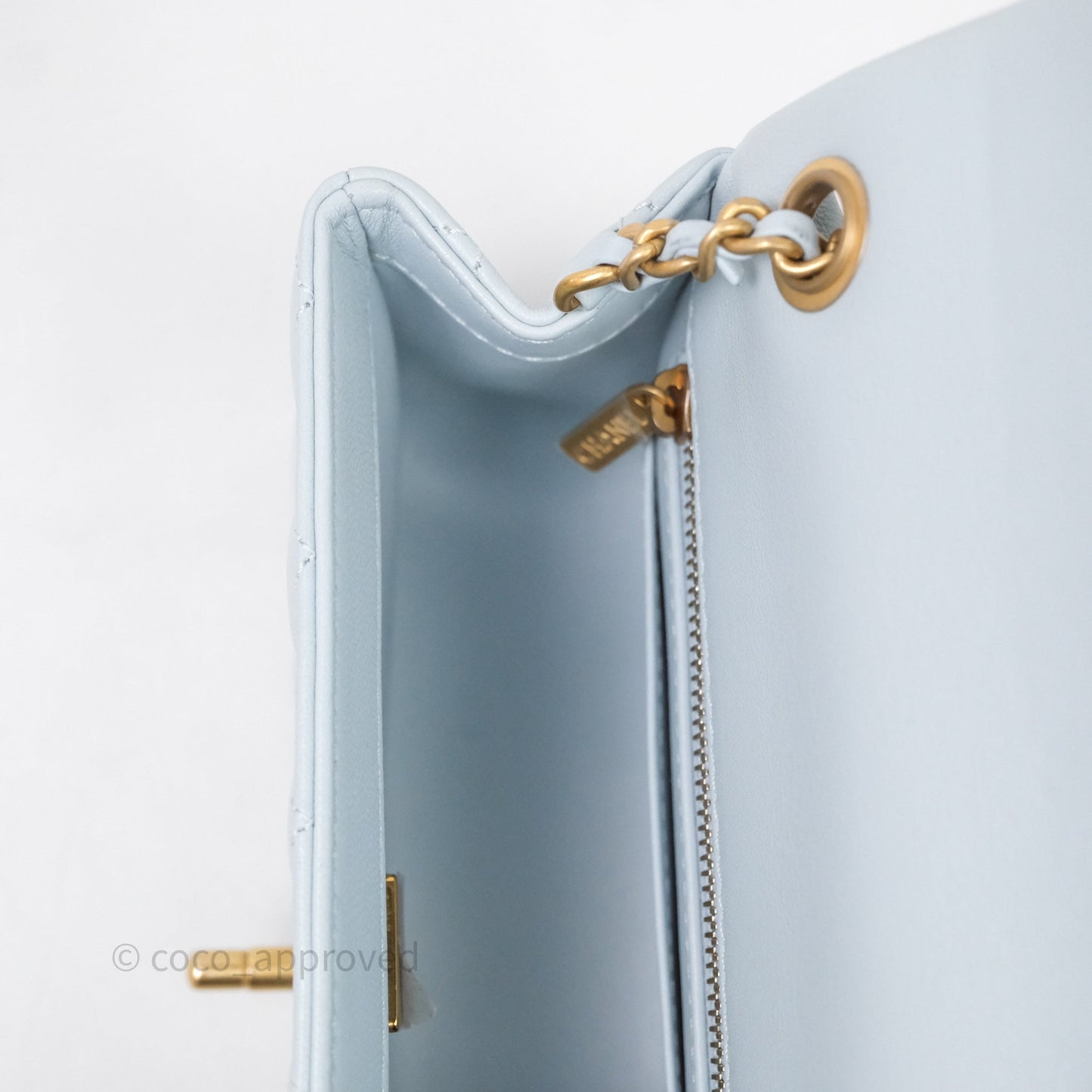 Chanel Pearl Crush Mini Rectangular Light Blue Lambskin Aged Gold Hardware