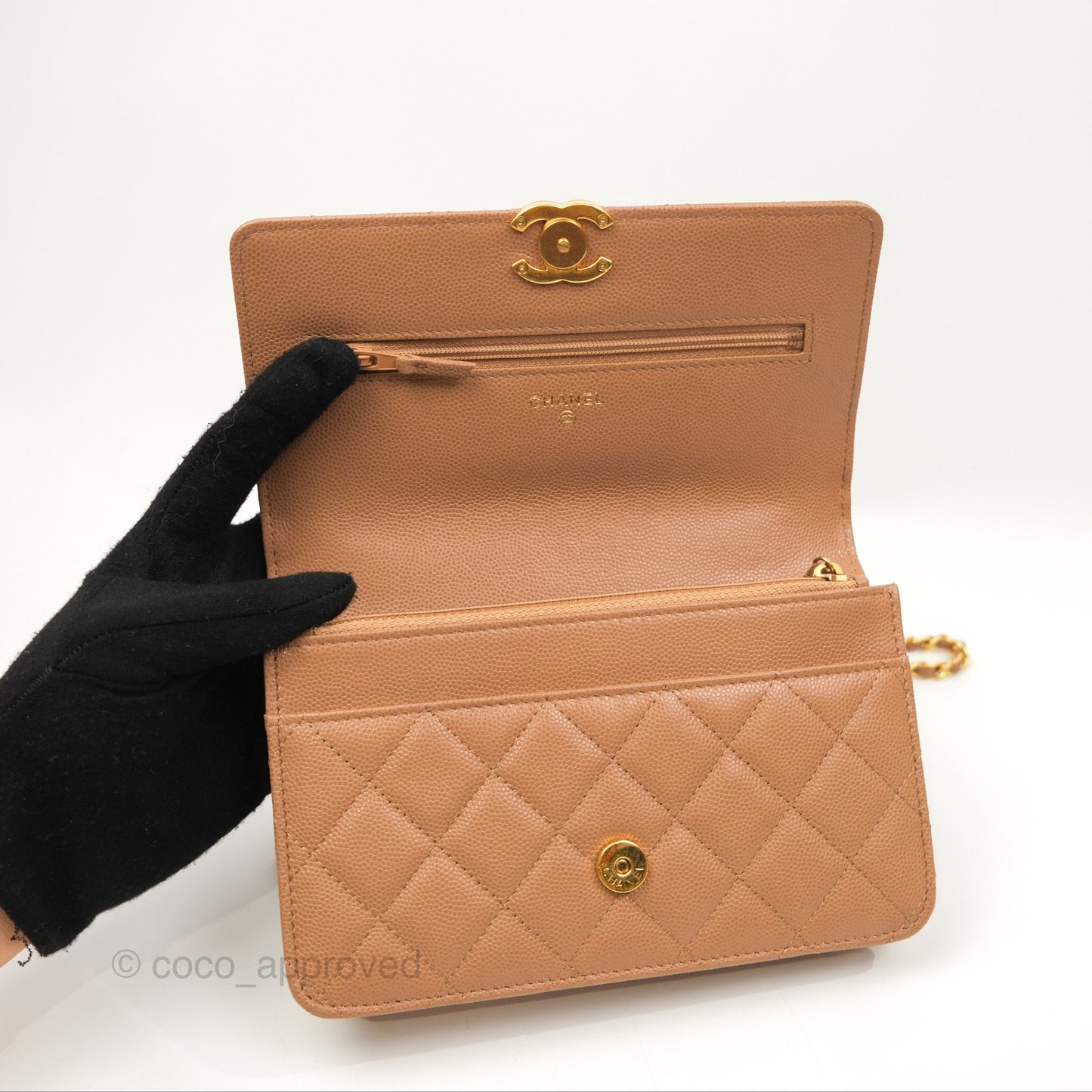 Chanel Coco First Wallet On Chain WOC Dark Beige Caviar Gold Hardware 22K