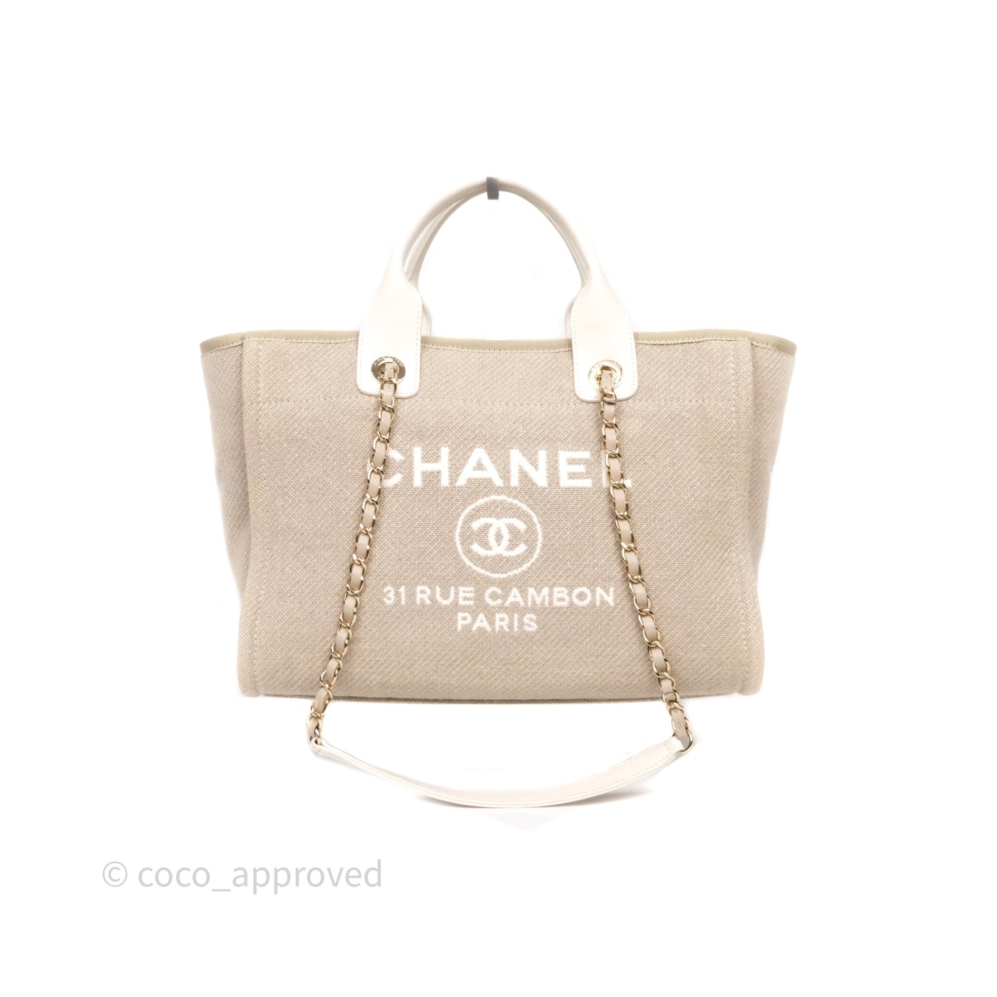 Chanel New Small Deauville Tote Beige Canvas Gold Hardware