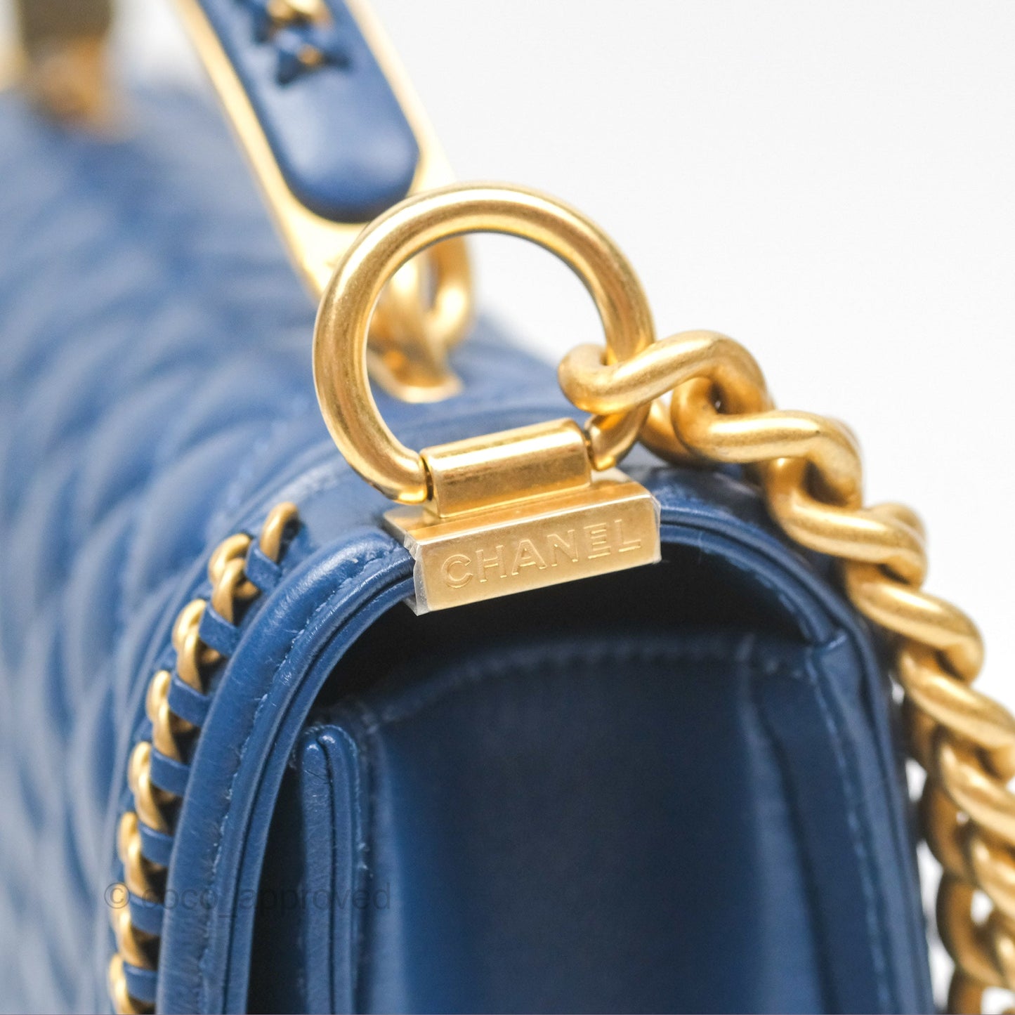 Chanel Quilted Medium Boy With Handle Dark Blue Calfskin Aged Gold Hardware