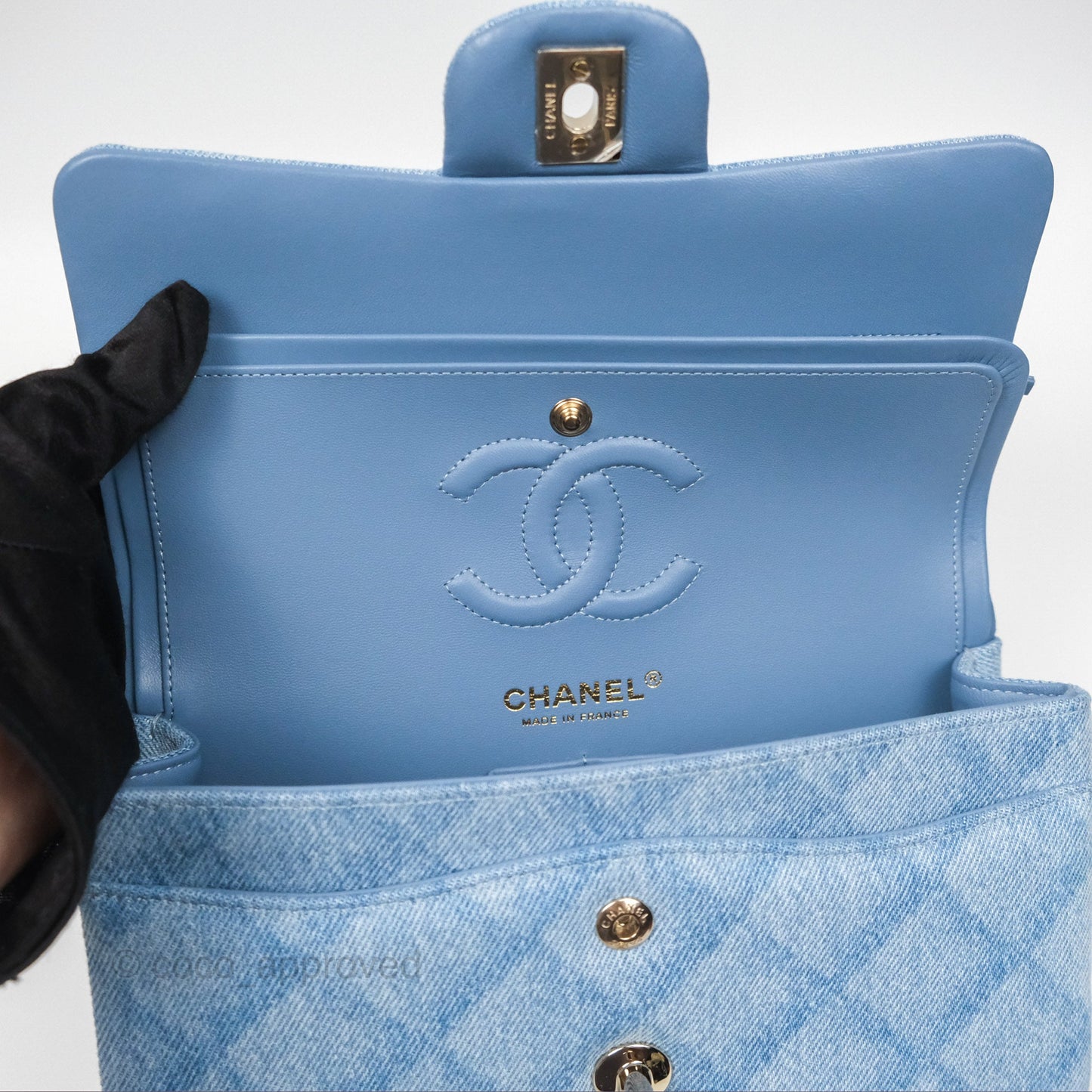 Chanel Quilted Small Double Flap Blue Printed Denim Gold Hardware