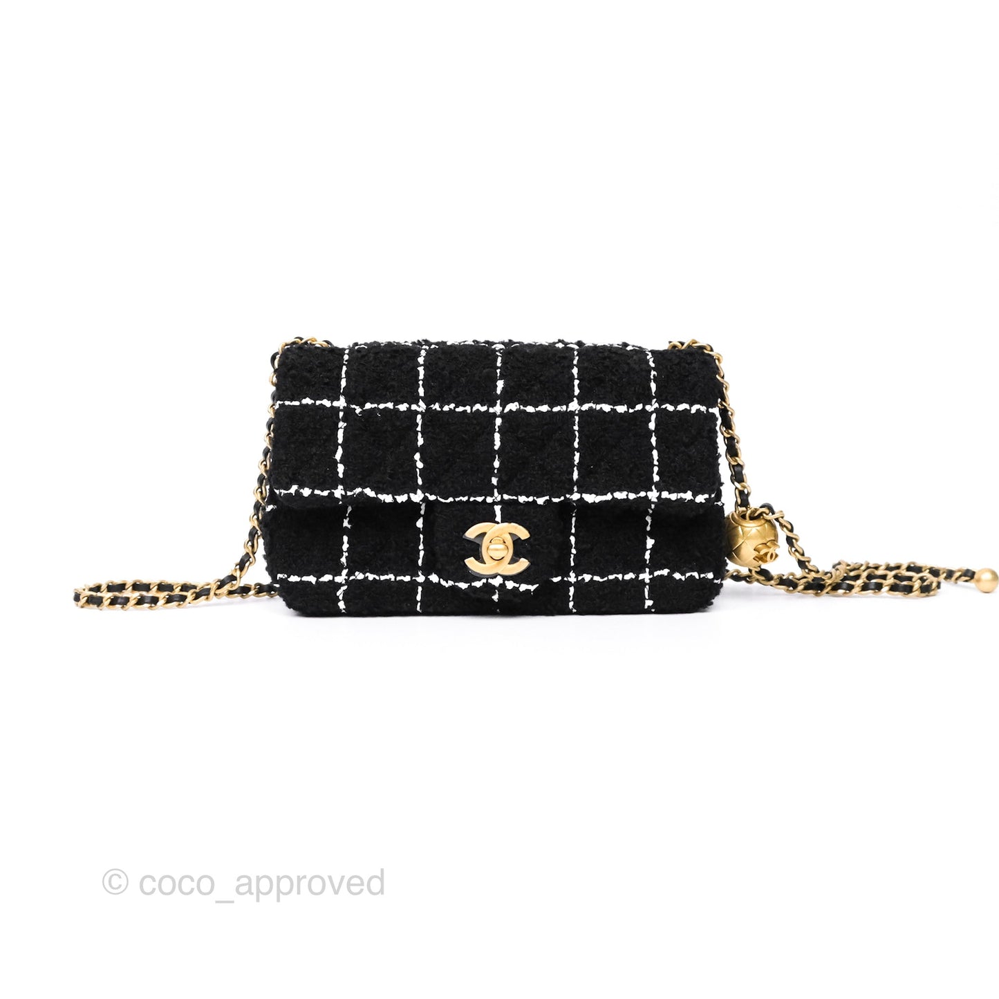 Chanel Pearl Crush Mini Rectangular Grid Black White Tweed Aged Gold Hardware