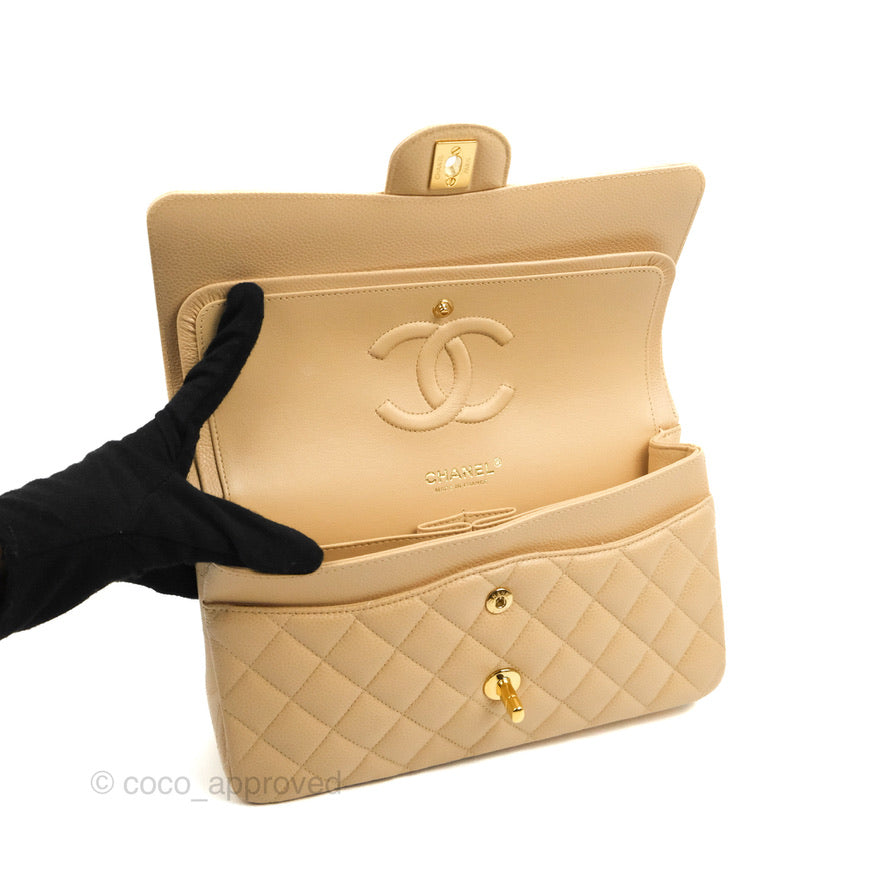 Chanel Quilted Classic M/L Medium Flap Beige Caviar Gold Hardware