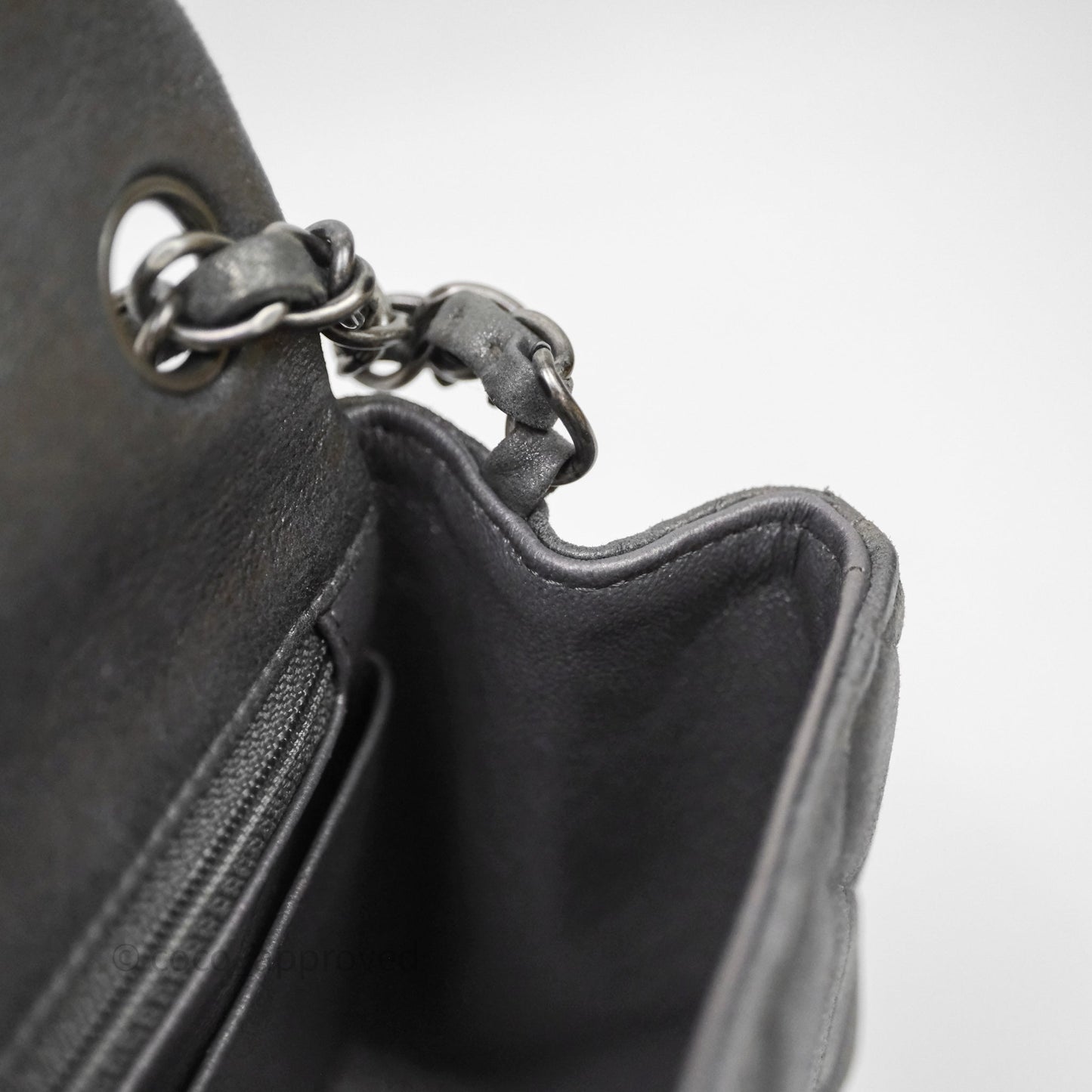 Chanel Mini Square Iridescent Grey Suede Gun Metal Hardware